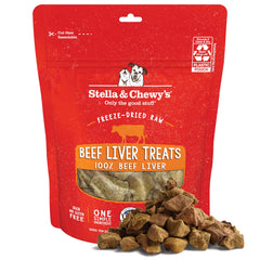Stella & Chewy's beef liver bag front shows single-ingredient nutrition for simple snacking.