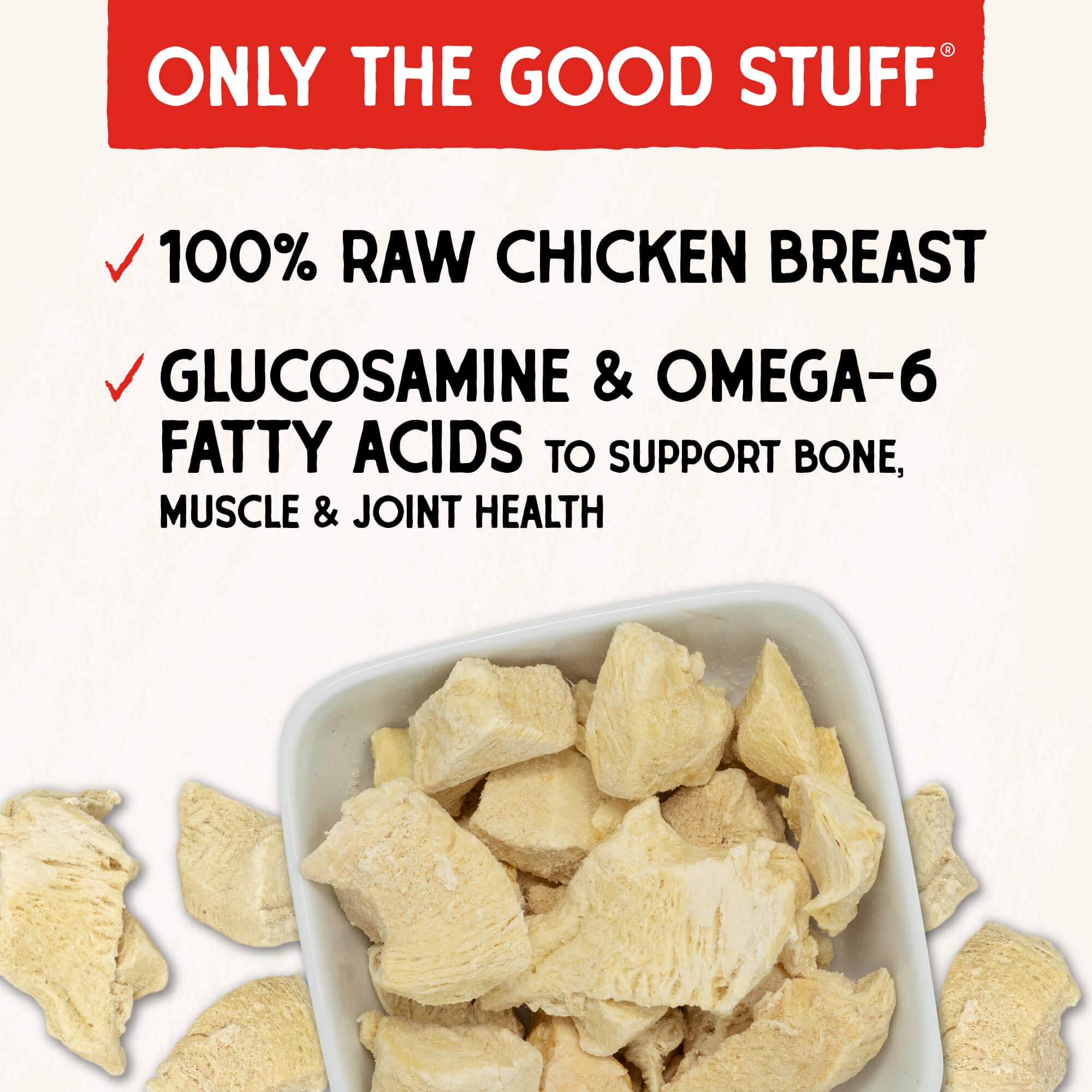 Close-up of Stella & Chewy's freeze-dried chicken breast texture and lean protein.