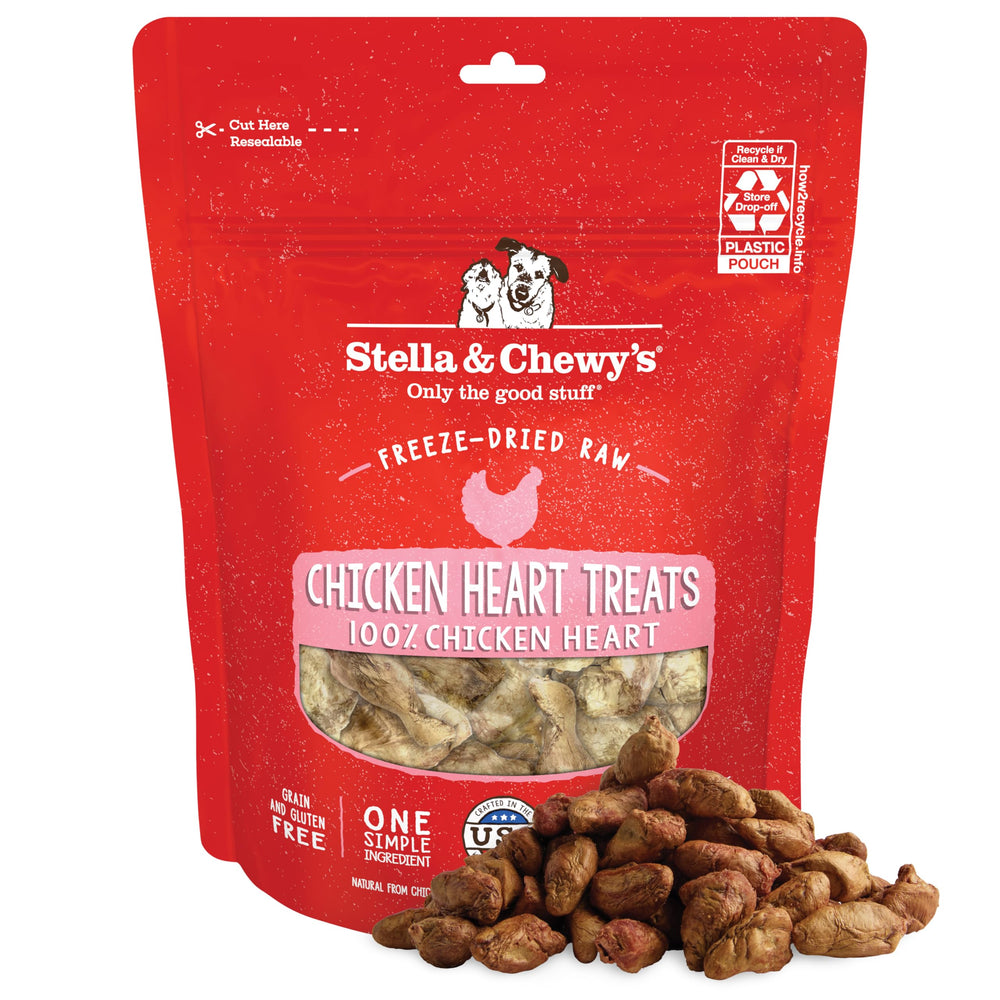 Stella & Chewy's freeze-dried chicken heart treats in bag for dogs