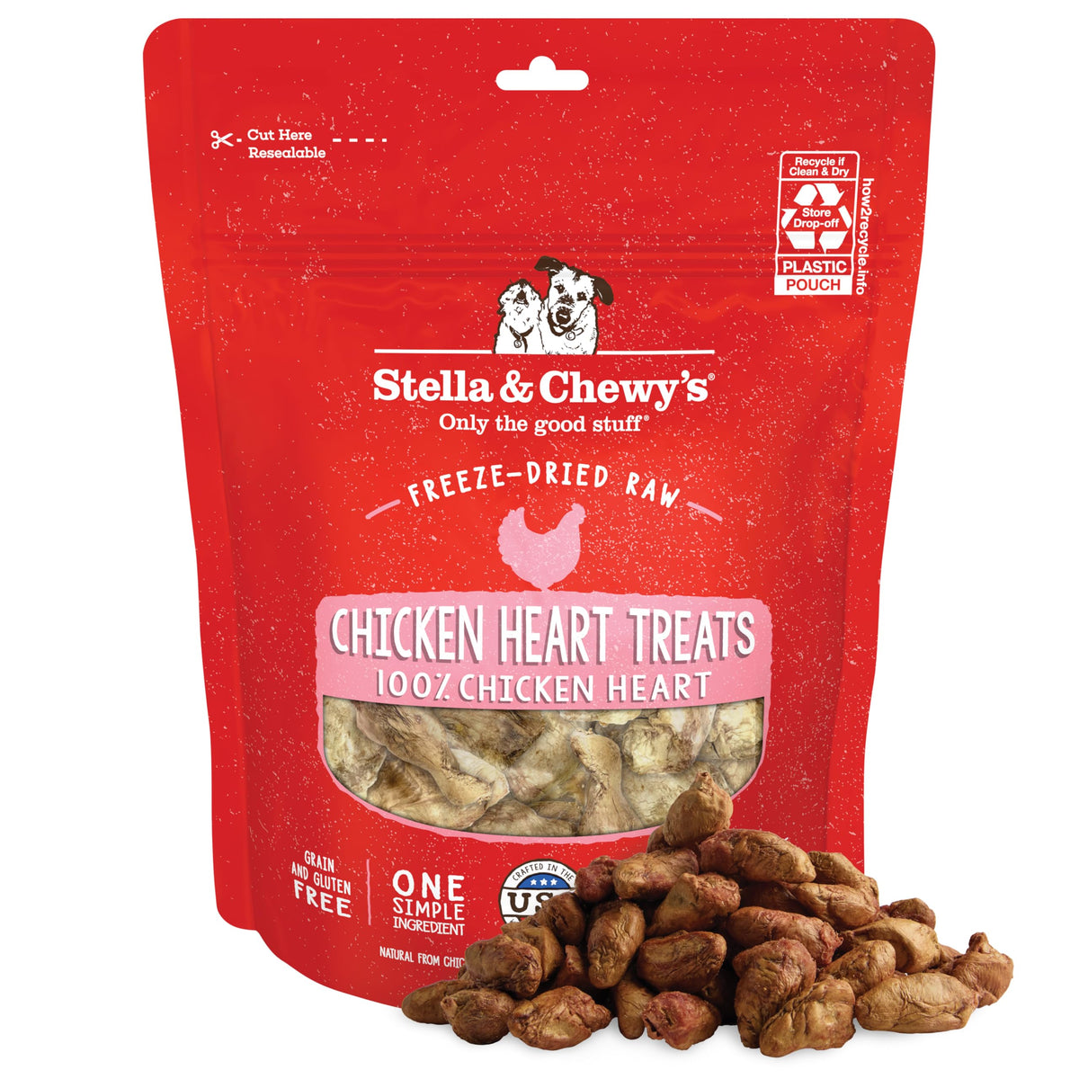 Stella & Chewy's freeze-dried chicken heart treats in bag for dogs