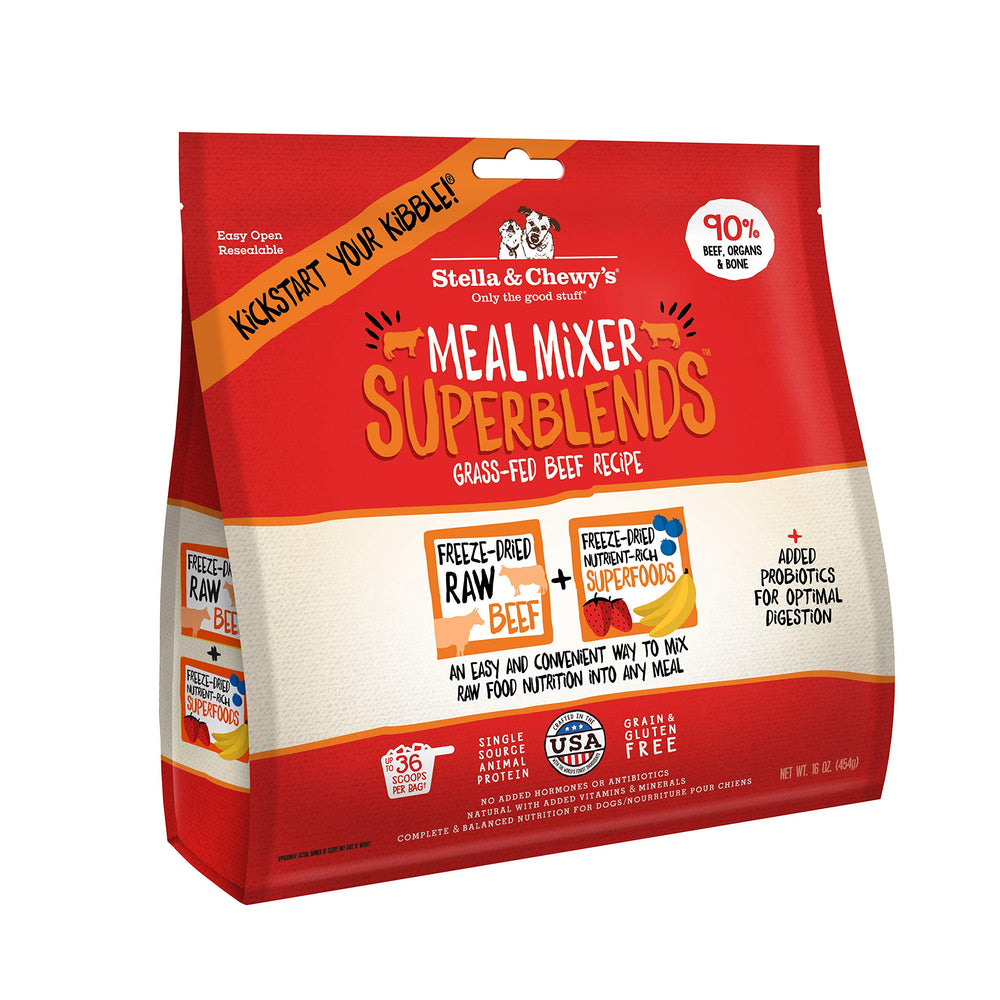 Stella & Chewy's freeze-dried beef Meal Mixers toppers in a bowl, protein-rich flavor boost.