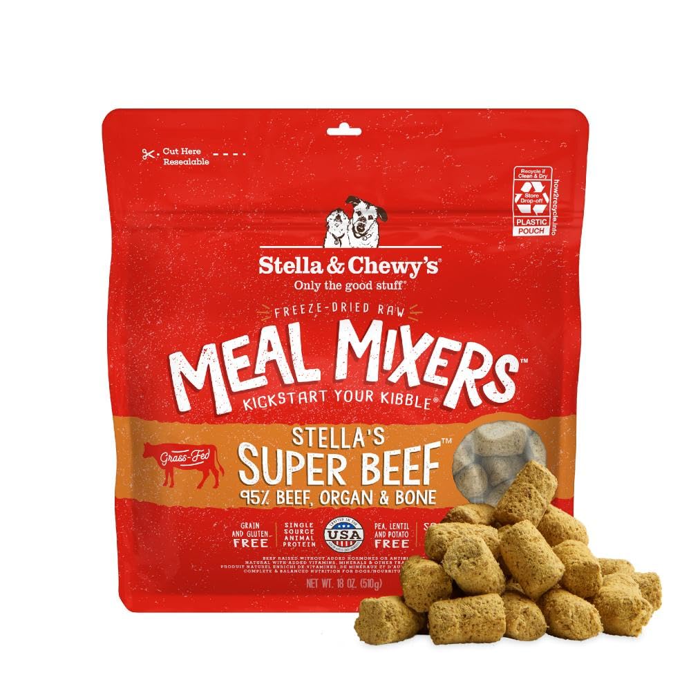 Stella & Chewy's freeze-dried raw beef patty close-up for high-protein meal toppers.