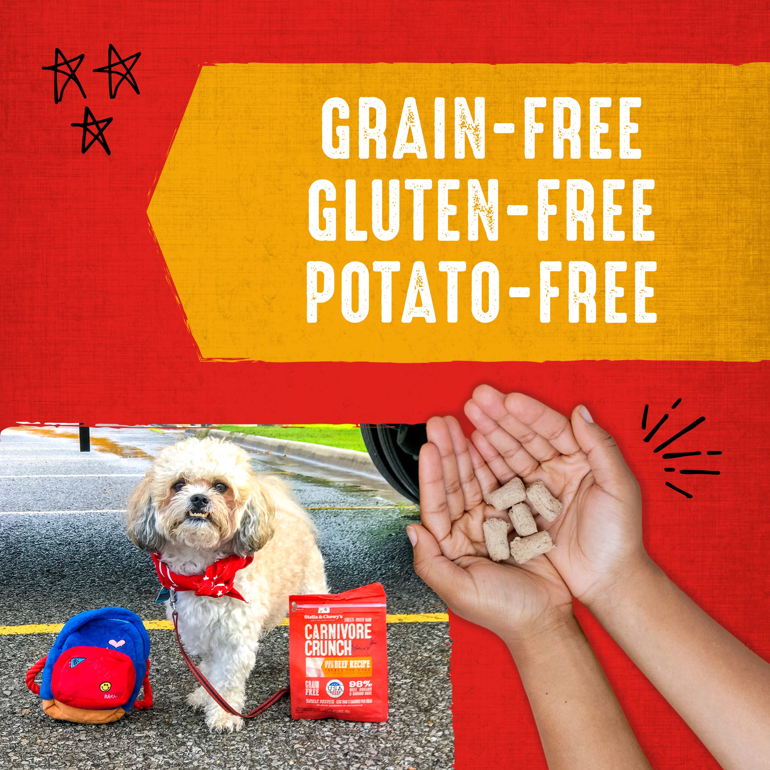 Stella & Chewy's Carnivore Crunch grain-free recipe ingredients shown.