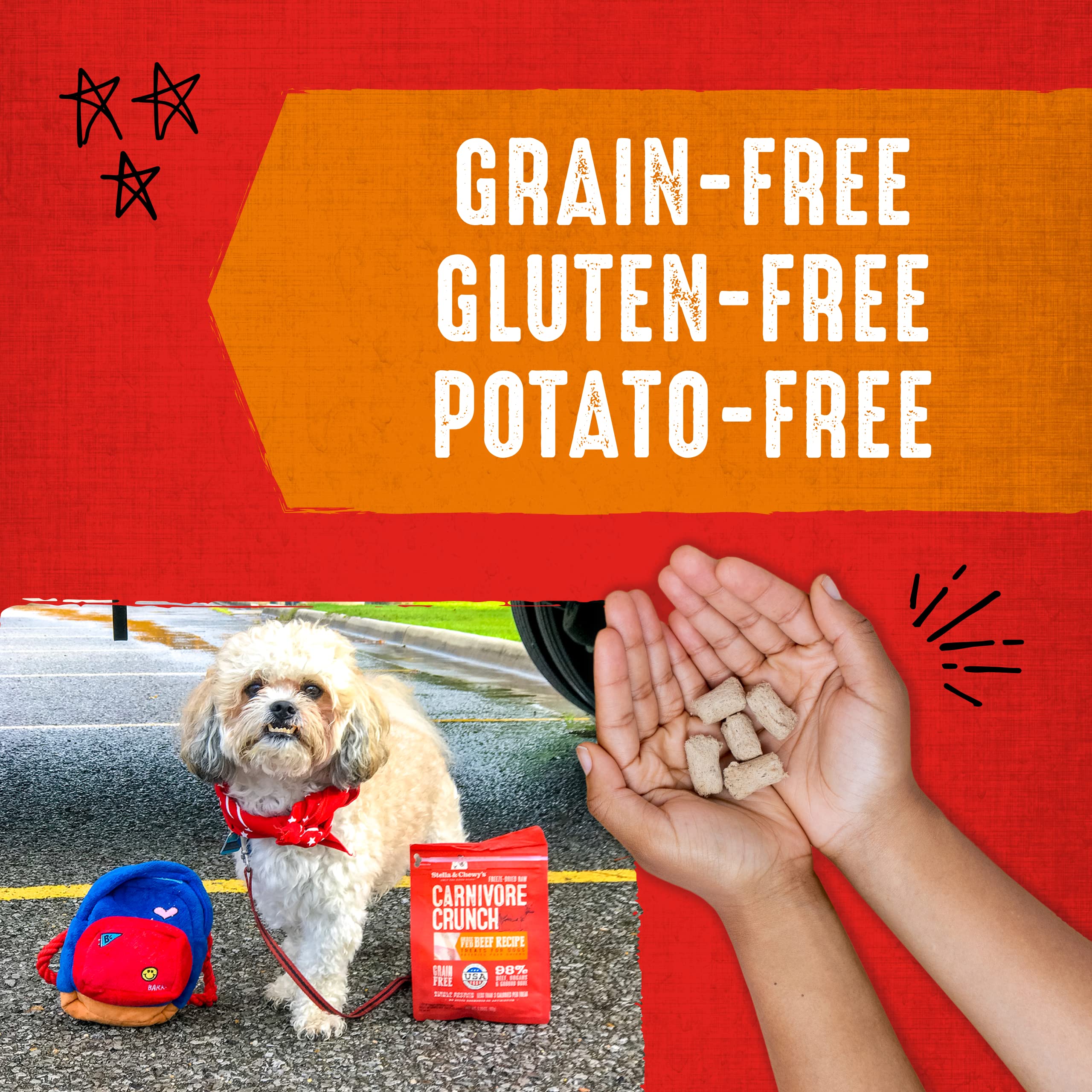Training-session image highlights compact rewards from Stella & Chewy's Carnivore Crunch.