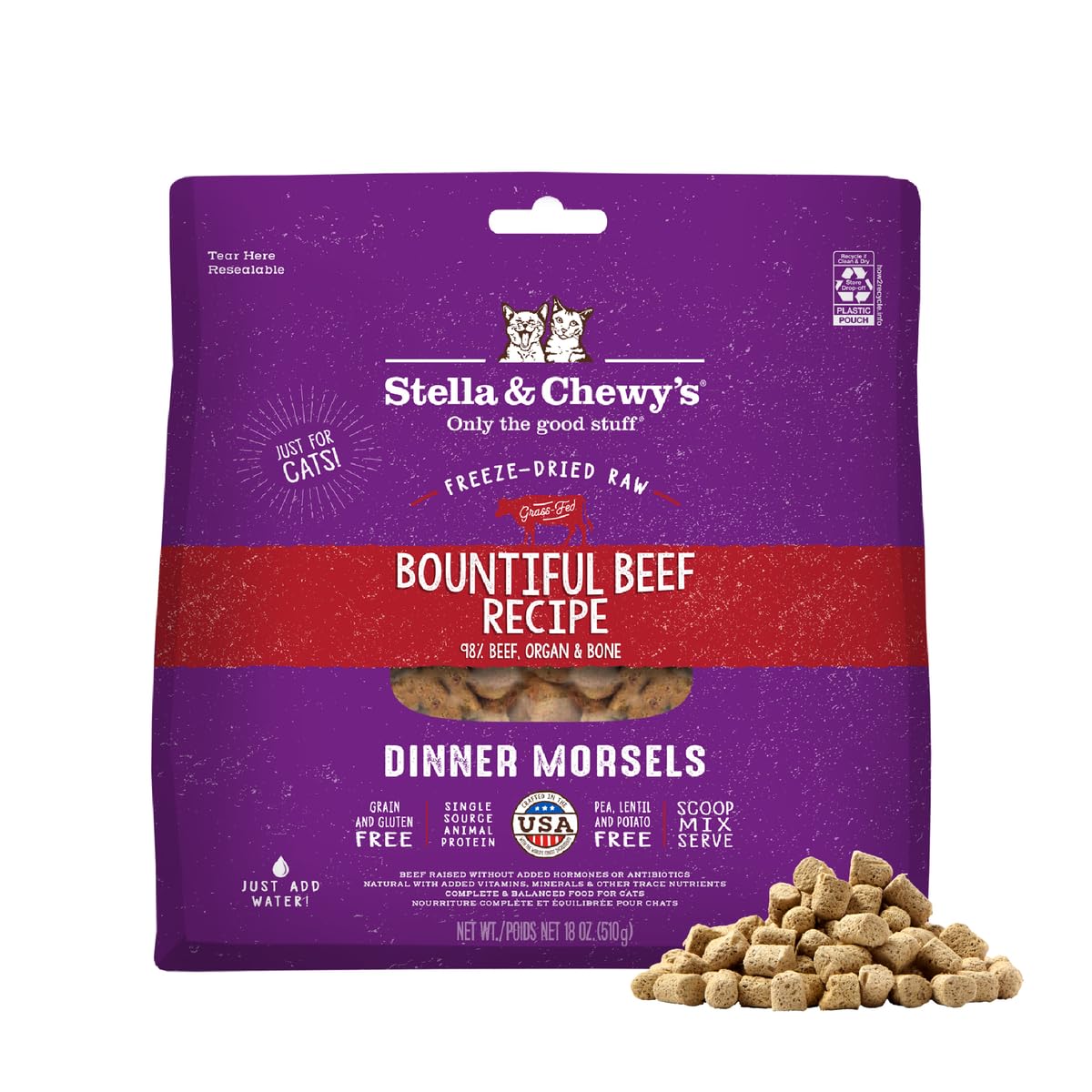 Stella & Chewy's beef batch closeup highlighting protein-rich morsels for cats.