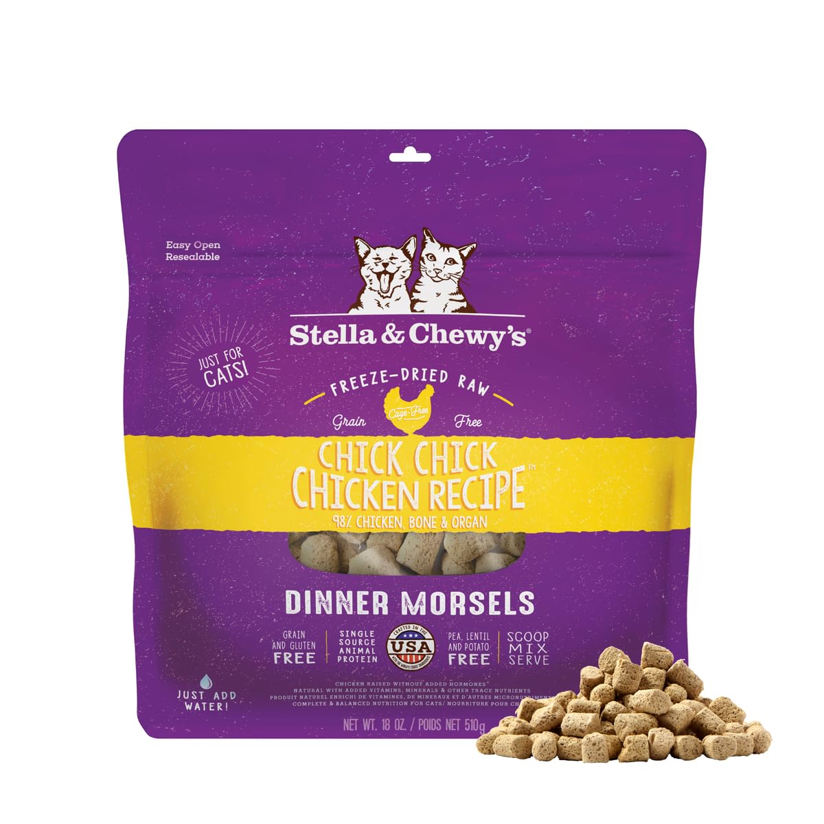 Stella & Chewy's freeze-dried chicken morsels for cats, protein-rich and grain-free.