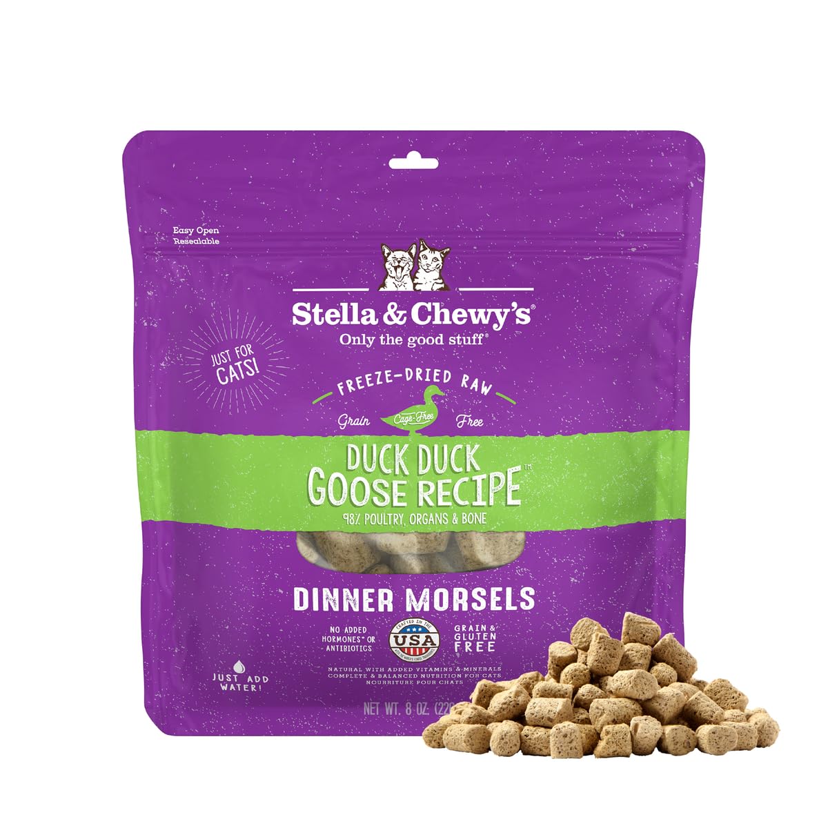 Stella & Chewy's freeze-dried raw cat dinner morsels with duck and goose – premium meal option.