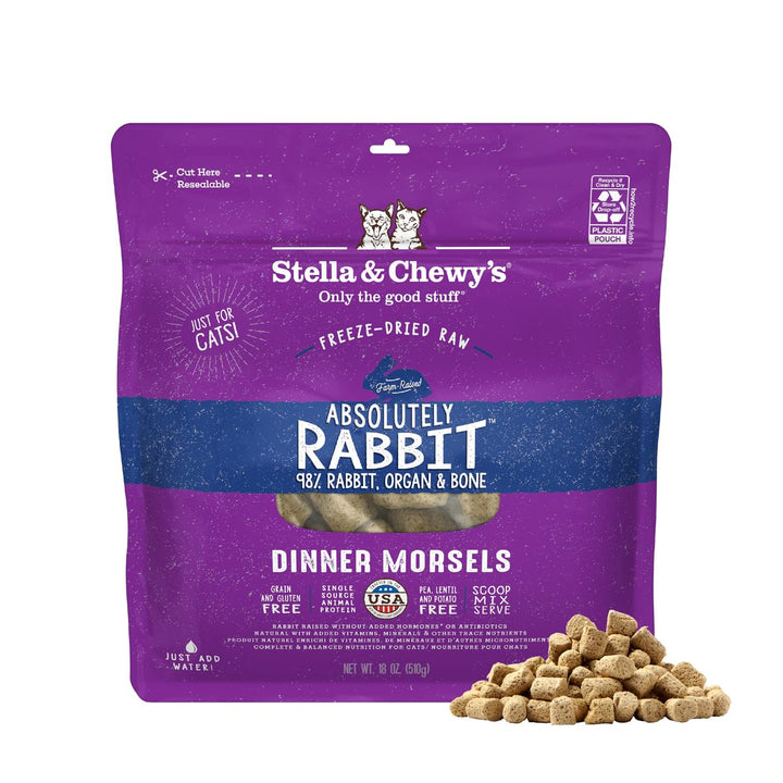 Stella & Chewy's rabbit morsels in a bag for convenient cat nutrition.