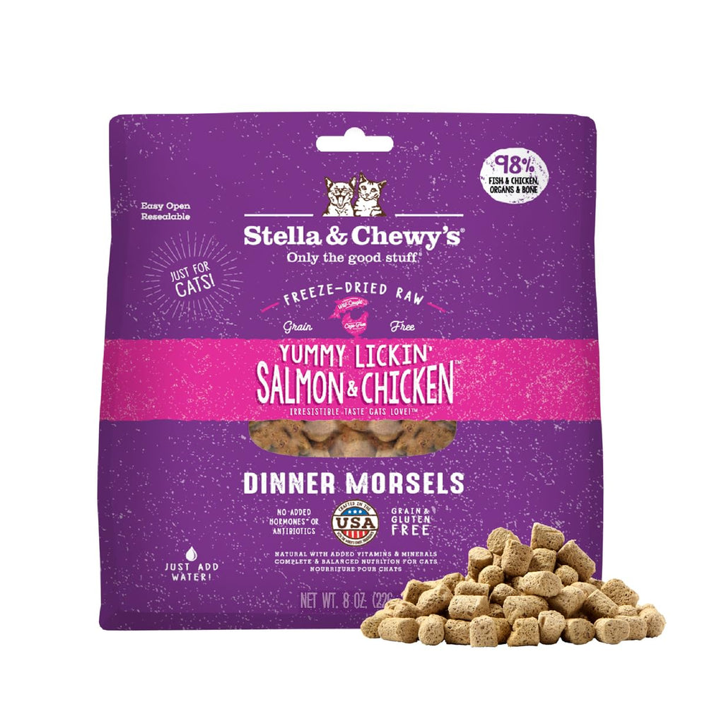 Stella & Chewy's freeze-dried salmon-chicken pack showing premium protein for cats