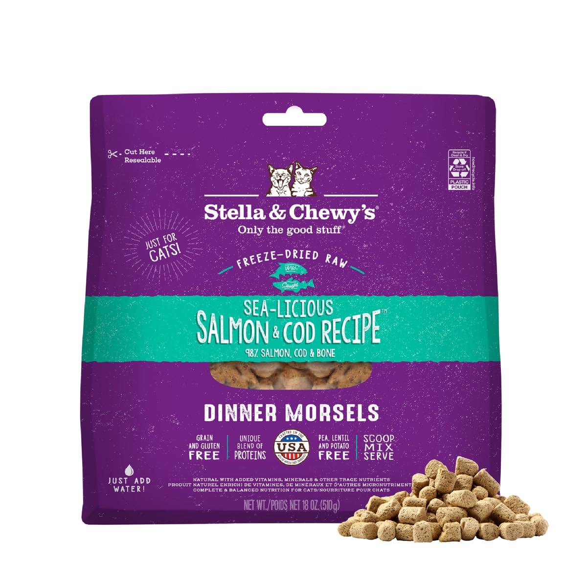 Stella & Chewy's freeze-dried morsels in a bowl highlighting protein-rich salmon and cod.