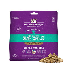 Stella & Chewy's freeze-dried morsels in a bowl highlighting protein-rich salmon and cod.