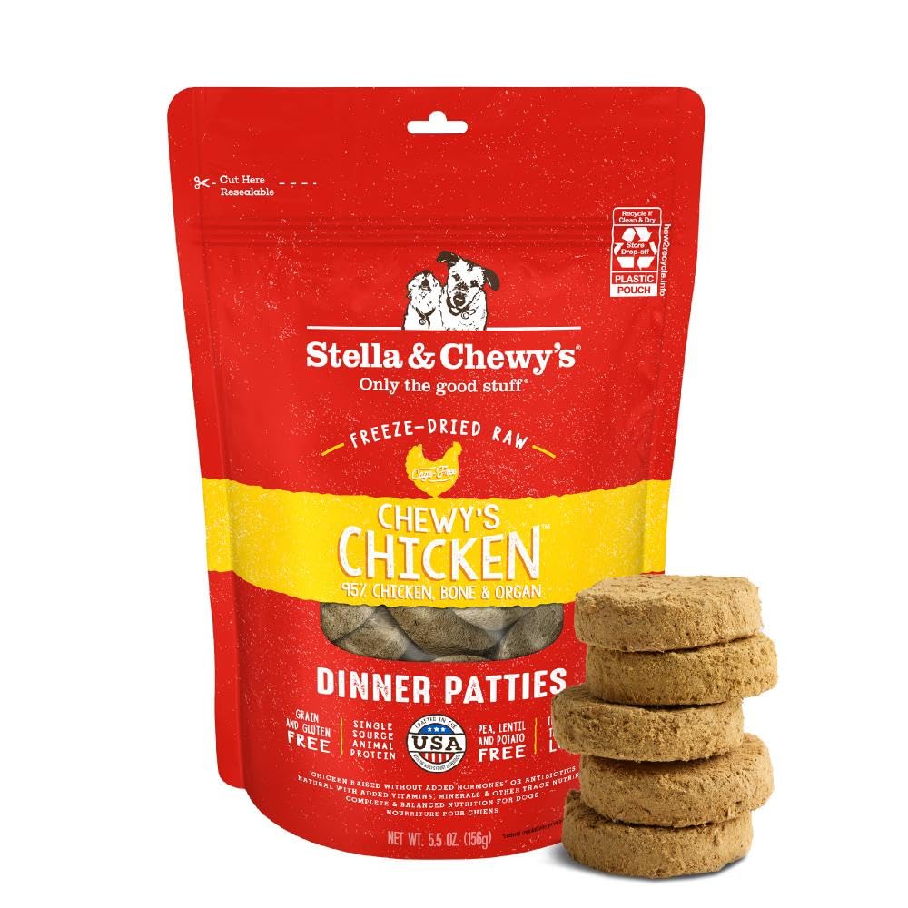 Stella & Chewy's freeze-dried raw chicken patties served in a bowl for picky eaters.