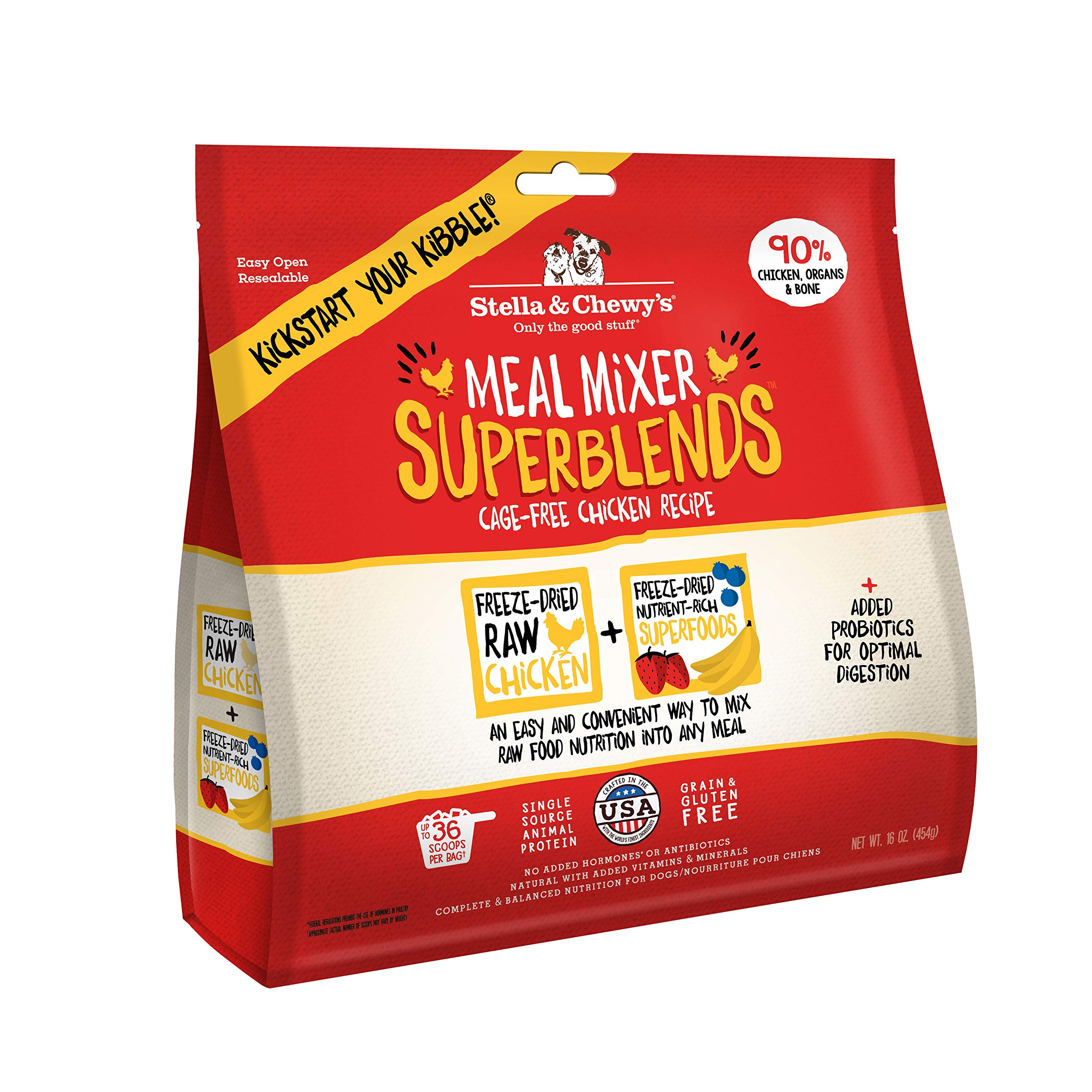 Stella & Chewy's freeze-dried raw chicken meal mixer bag showing protein-rich, grain-free nutrition