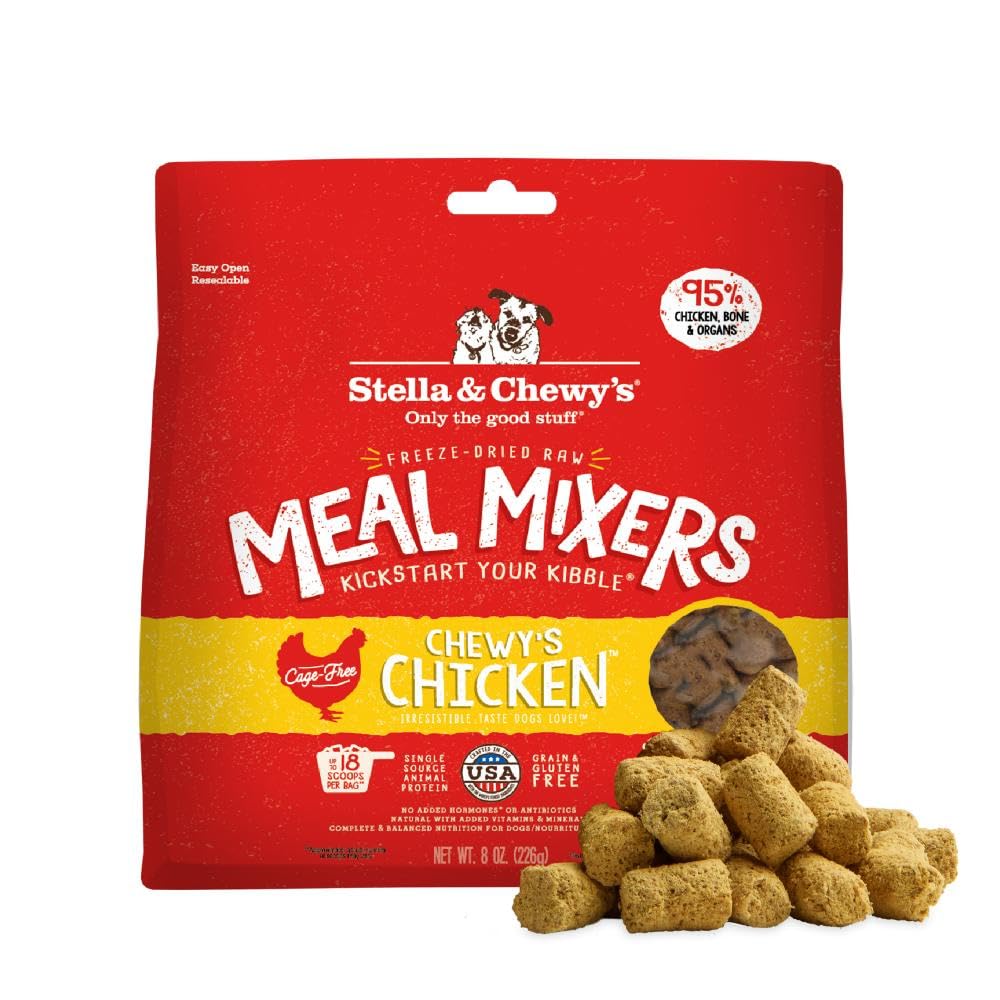 Stella & Chewy's freeze dried raw chicken meal mixers bag shown for convenient dog nutrition