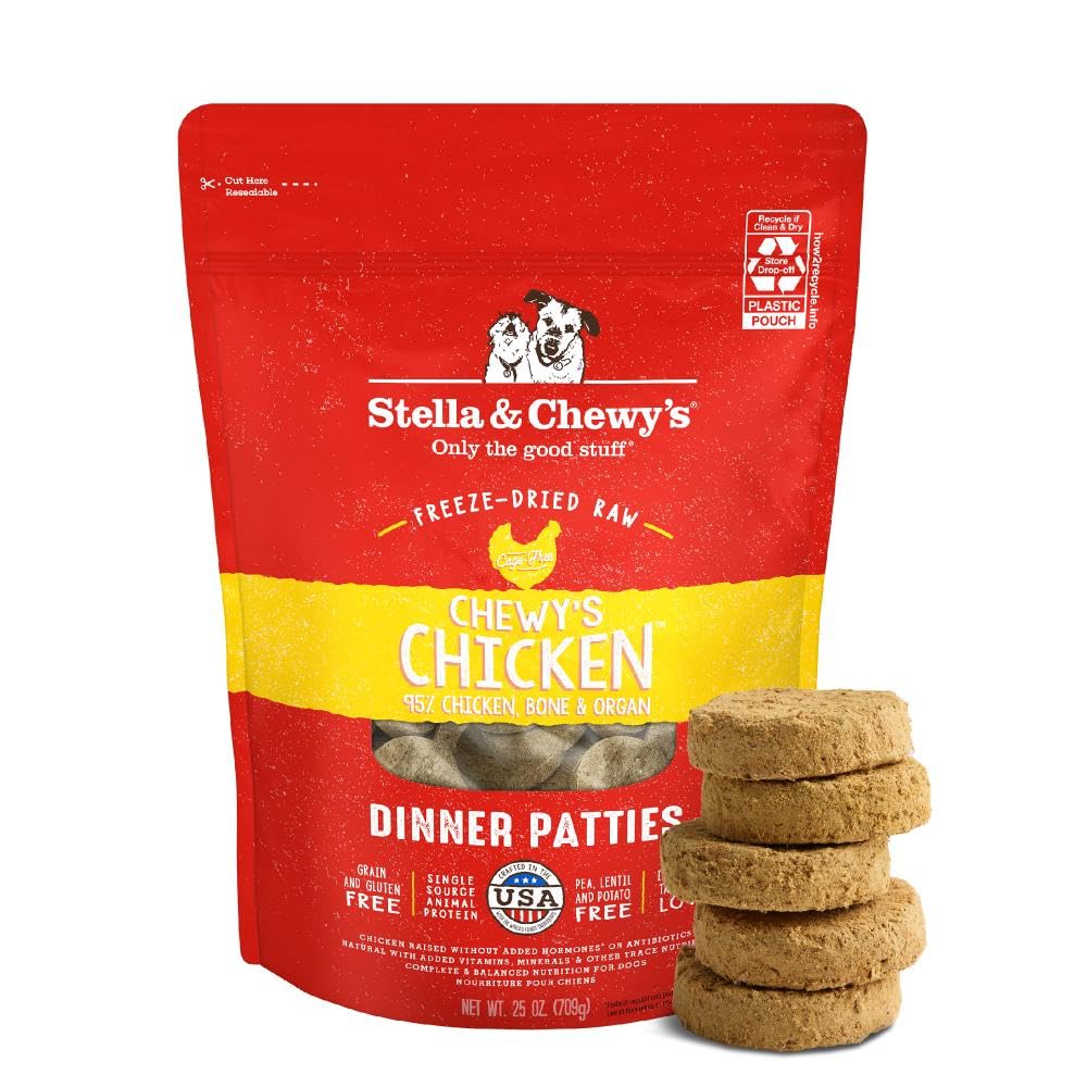 Stella & Chewy's freeze-dried chicken patties close-up showing rich texture and aroma.