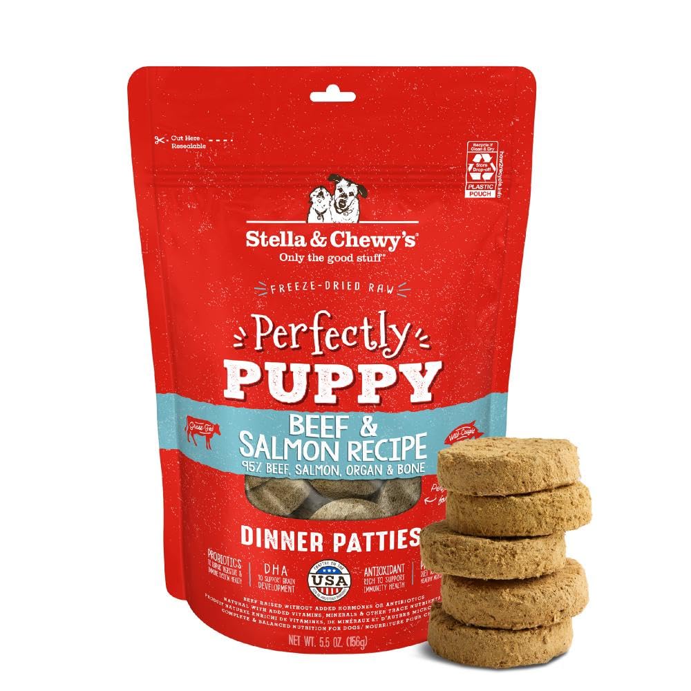 Stella & Chewy's freeze-dried raw patties for puppies—protein-rich and grain-free.