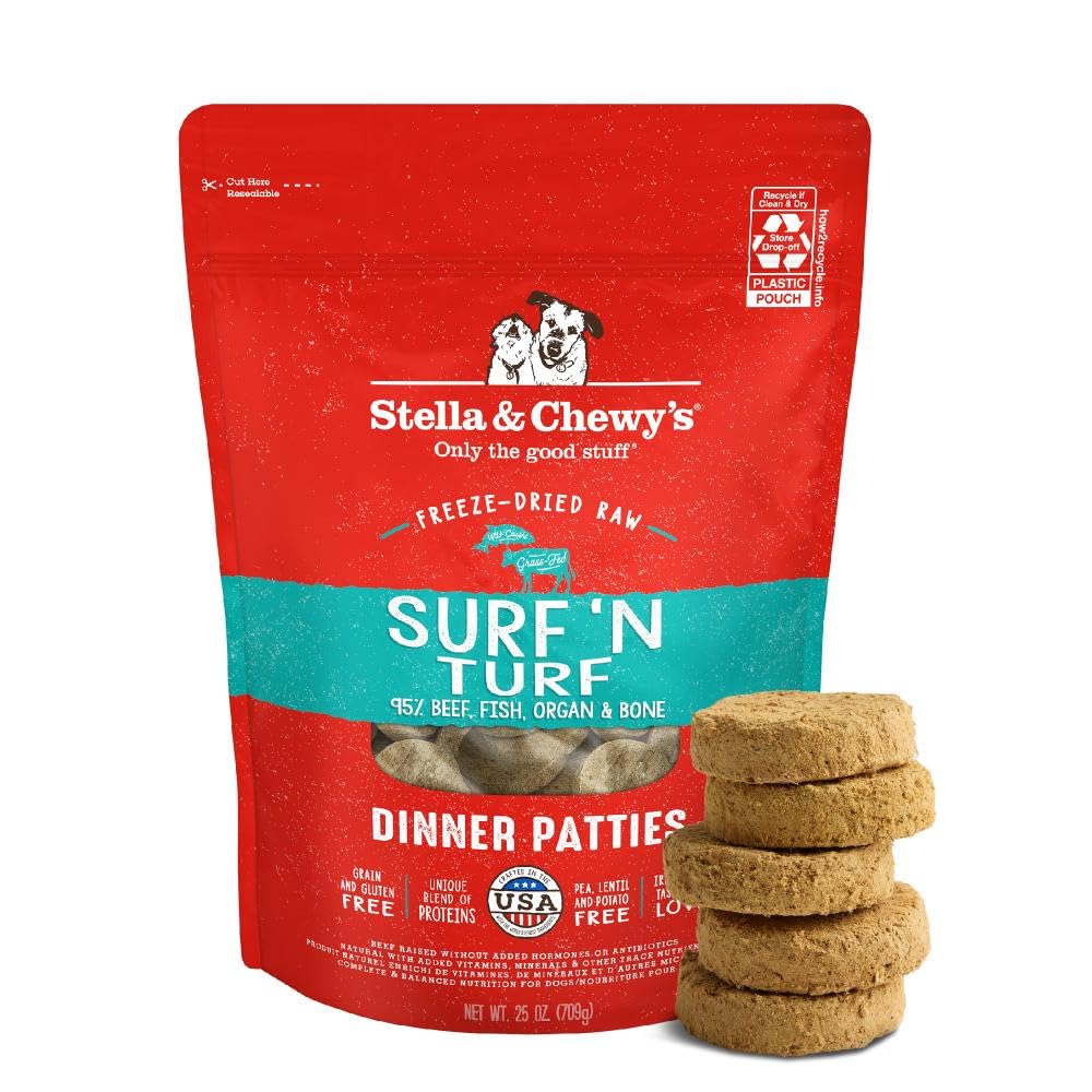 Stella & Chewy's Surf N Turf patty with salmon and beef for palatable protein-rich meals