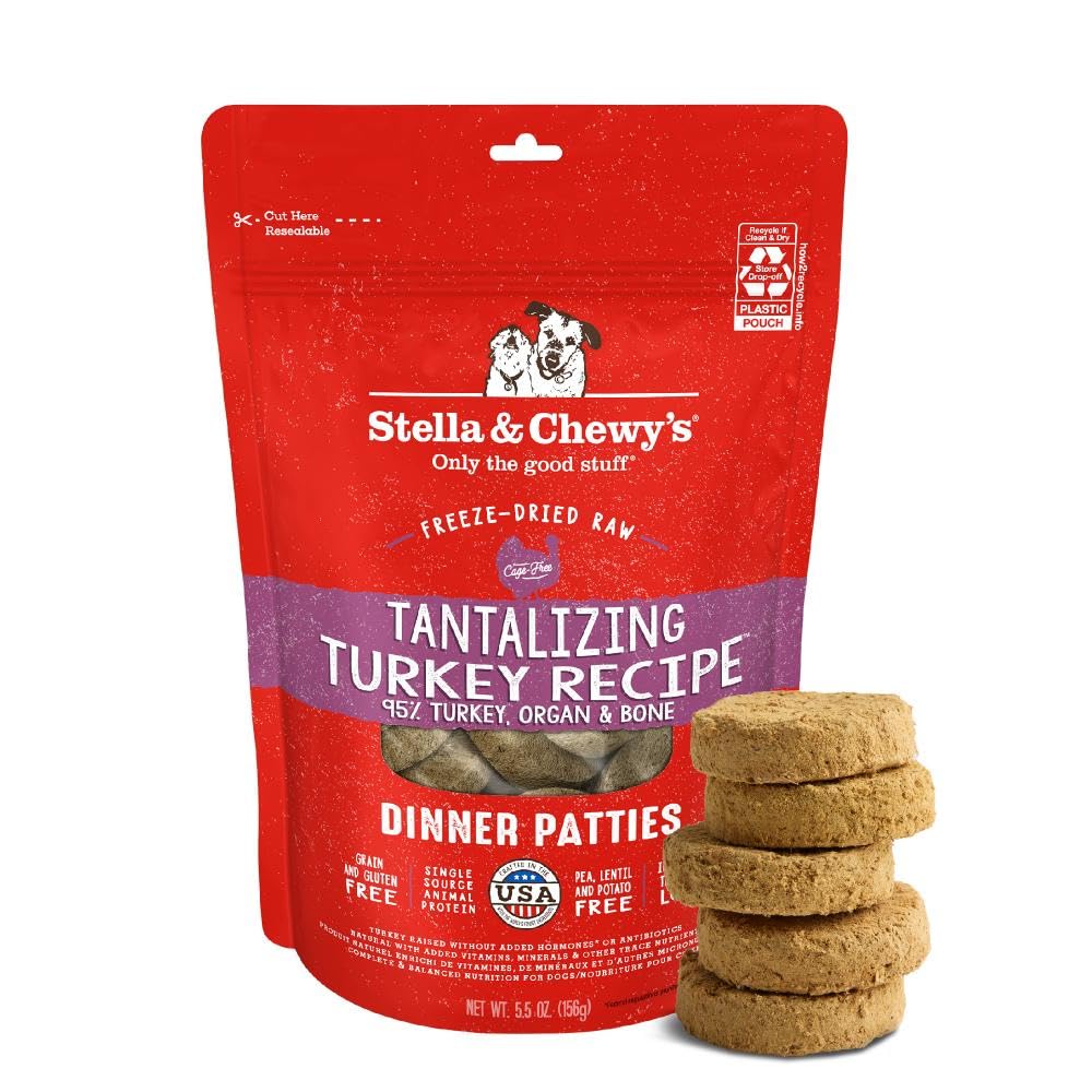 Stella & Chewy's turkey patties close-up, grain-free nutrition that entices picky eaters.