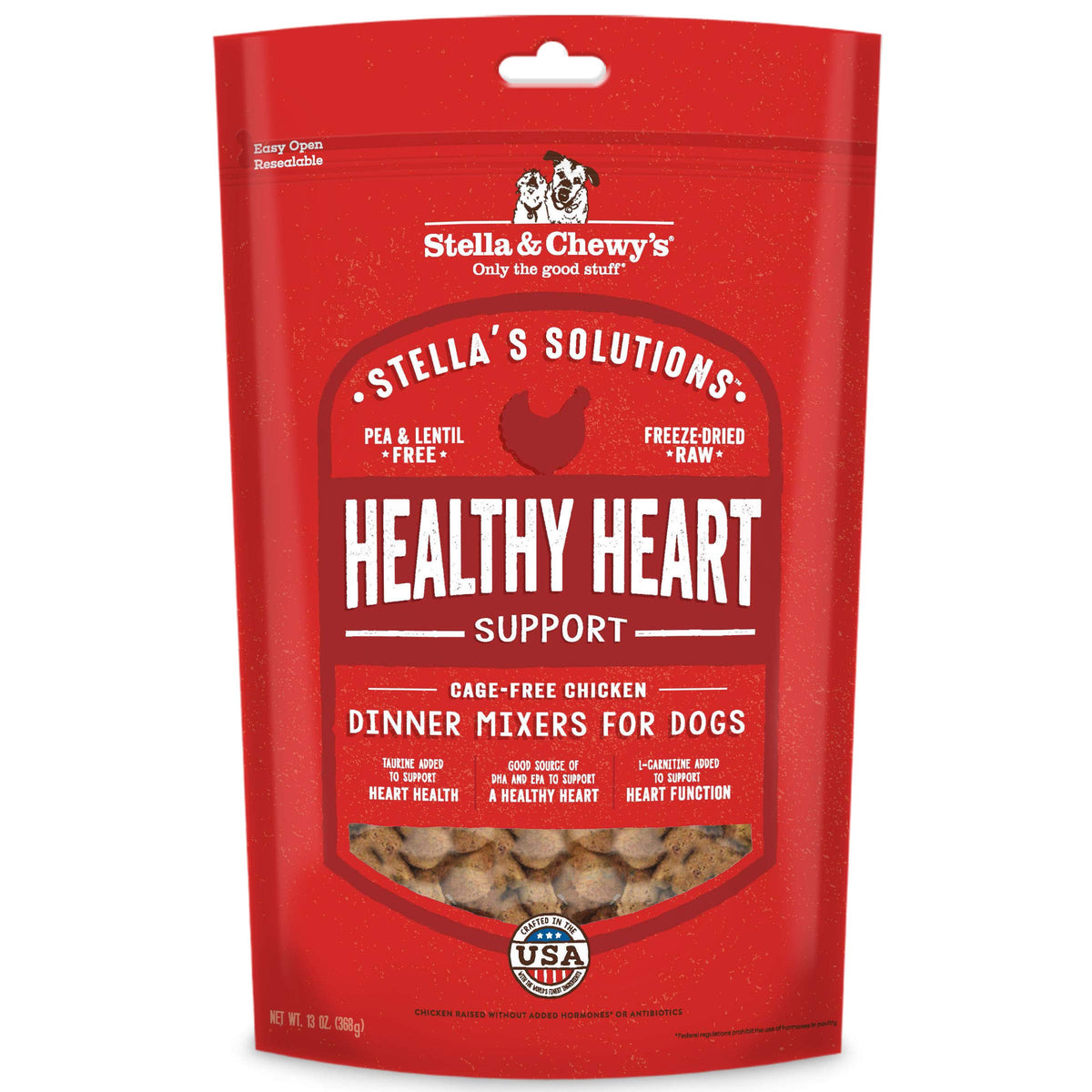 Stella & Chewy's freeze-dried raw dog food bag highlighting heart health.