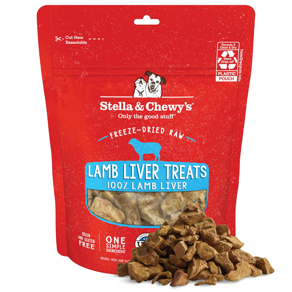 Stella & Chewy's freeze-dried lamb liver treats in a bag, ideal for training.