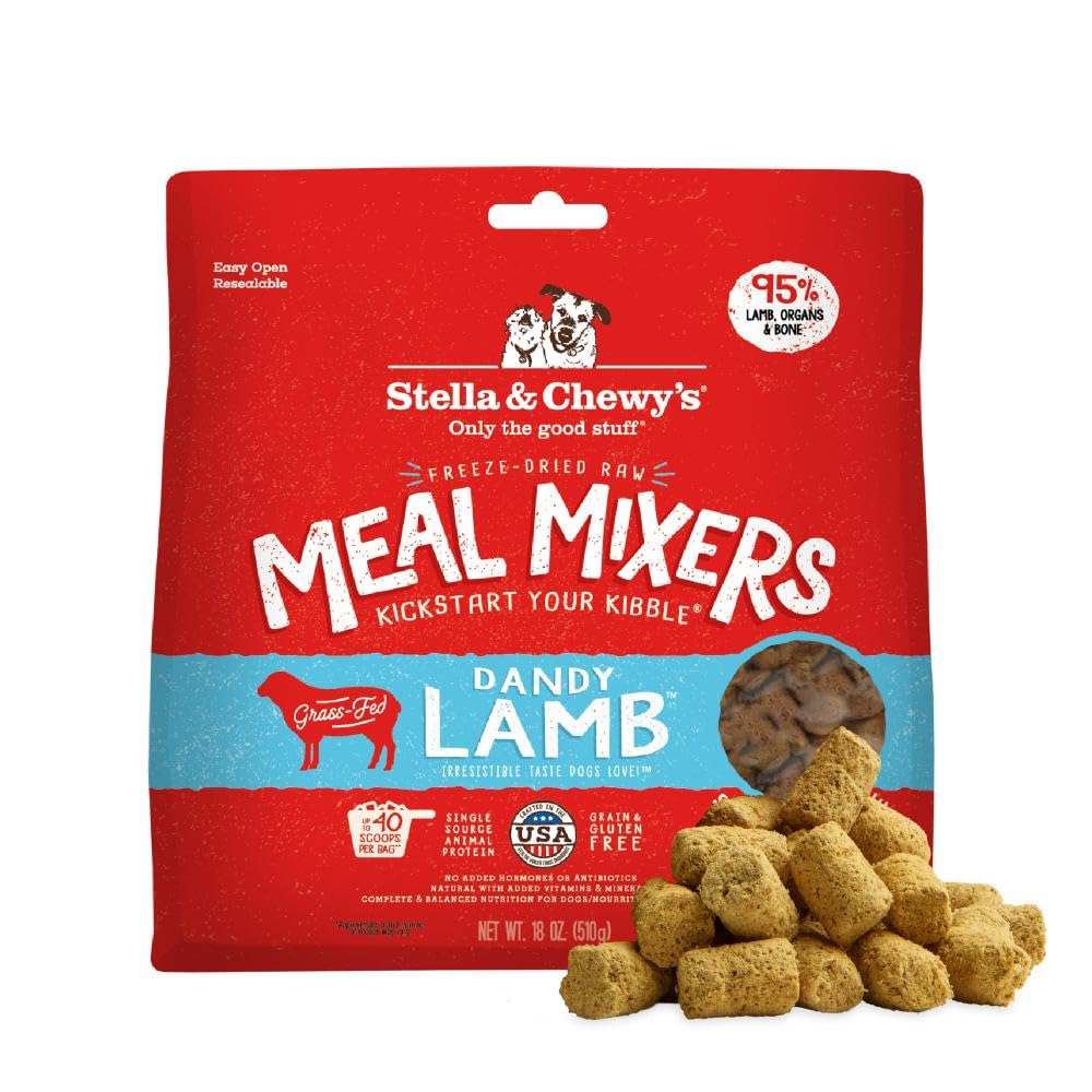 Stella & Chewy's lamb meal mixers toppers crumble over dog food to entice picky eaters.
