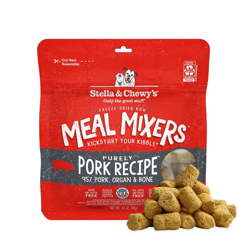 Stella & Chewy's freeze-dried pork meal mixers bag front highlighting premium pork for protein