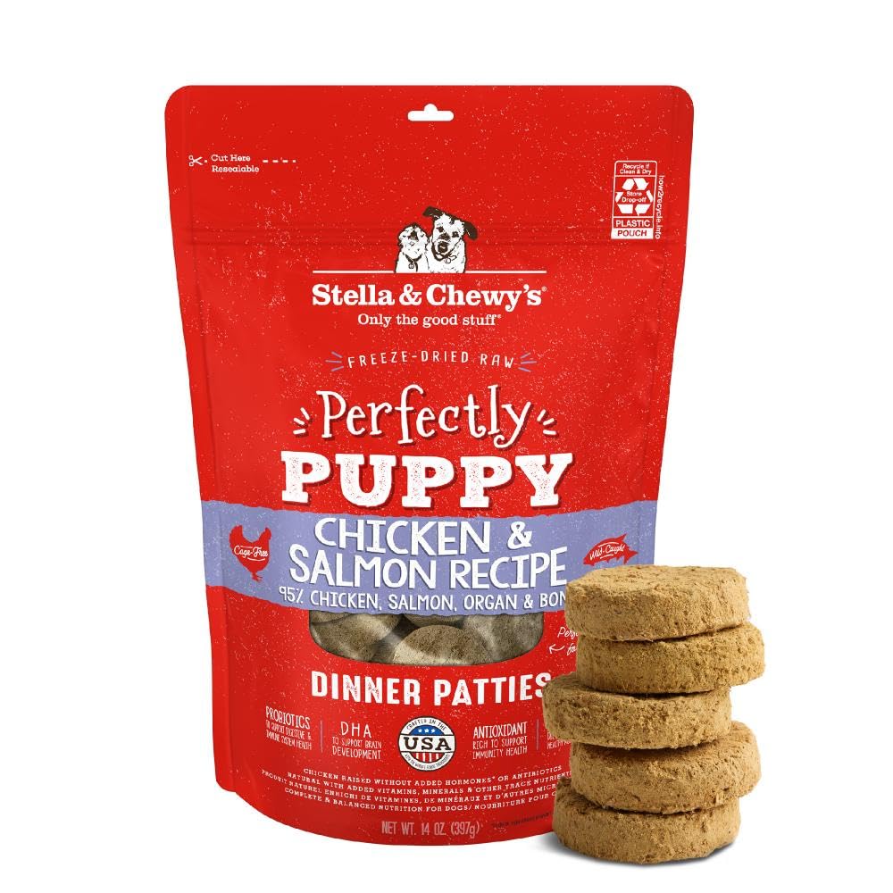 Stella & Chewy's puppy patties bag close-up highlights protein-rich formula for growing dogs.