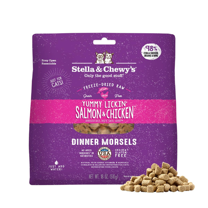 Stella & Chewy's freeze-dried salmon-chicken morsels in a bowl for meal appeal.
