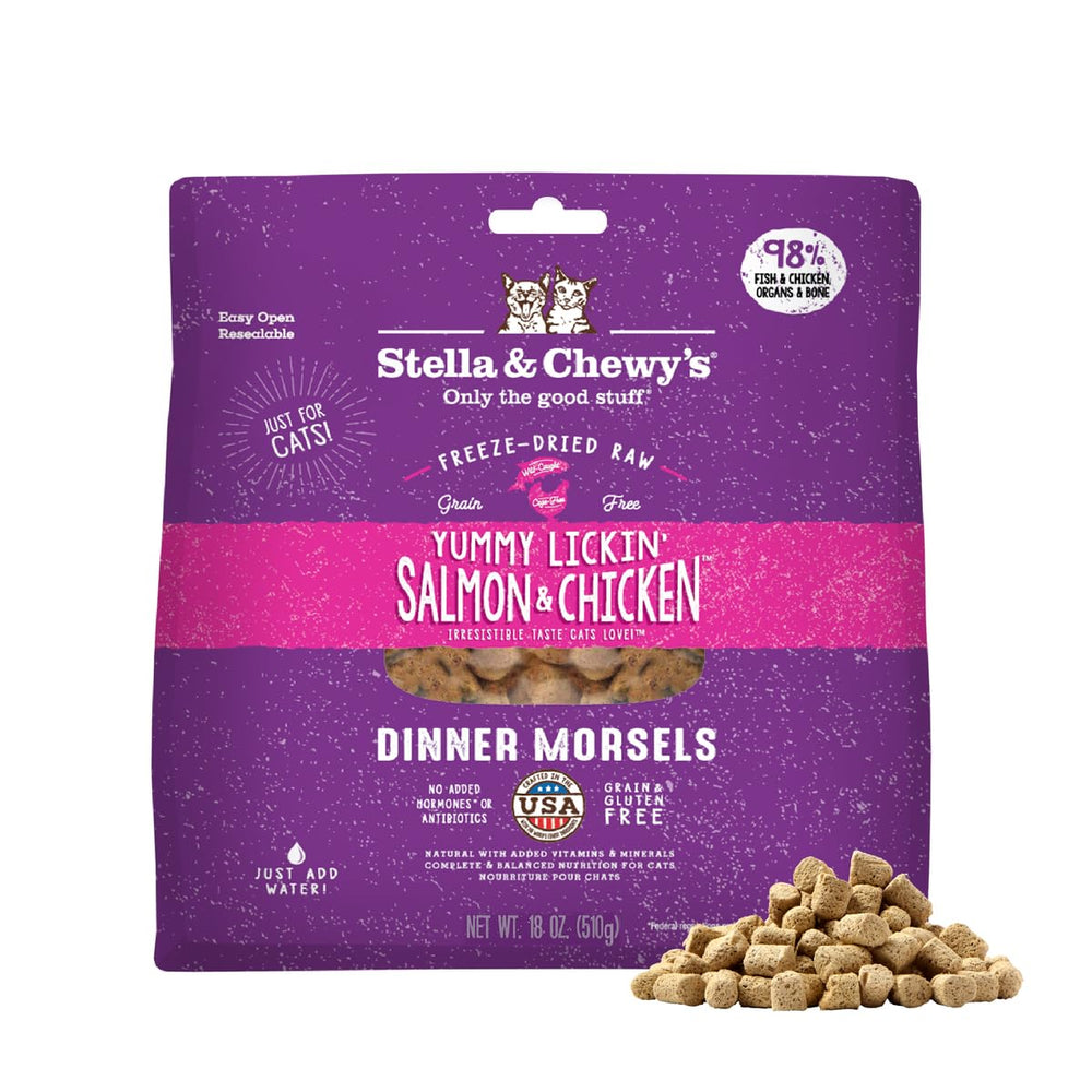 Stella & Chewy's freeze-dried salmon-chicken morsels in a bowl for meal appeal.
