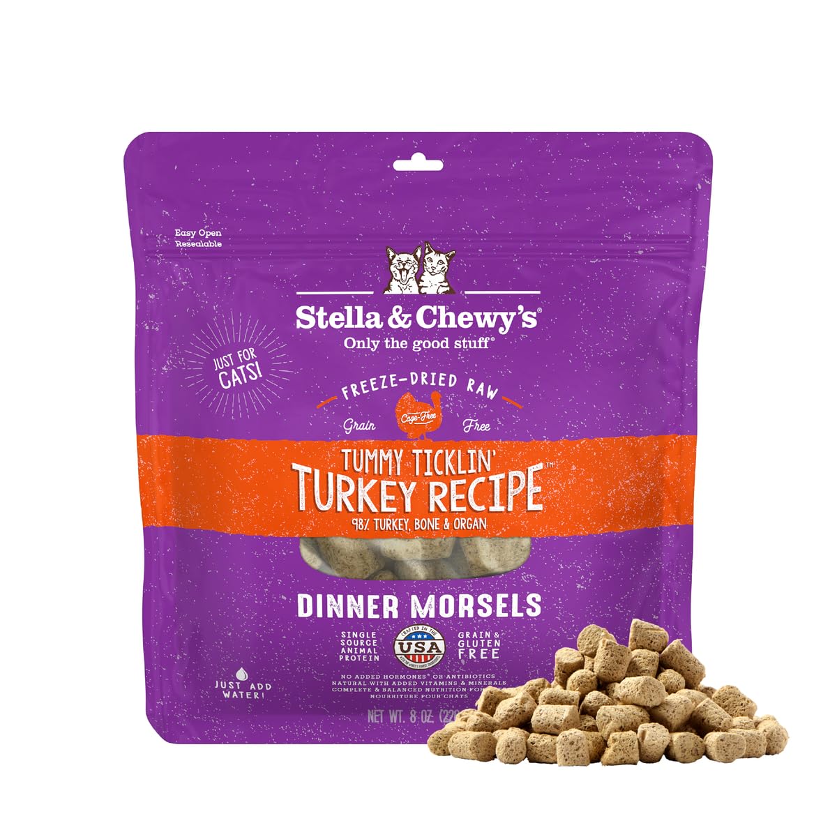 Stella & Chewy's freeze-dried turkey dinner morsels in bag for easy storage and snacking.