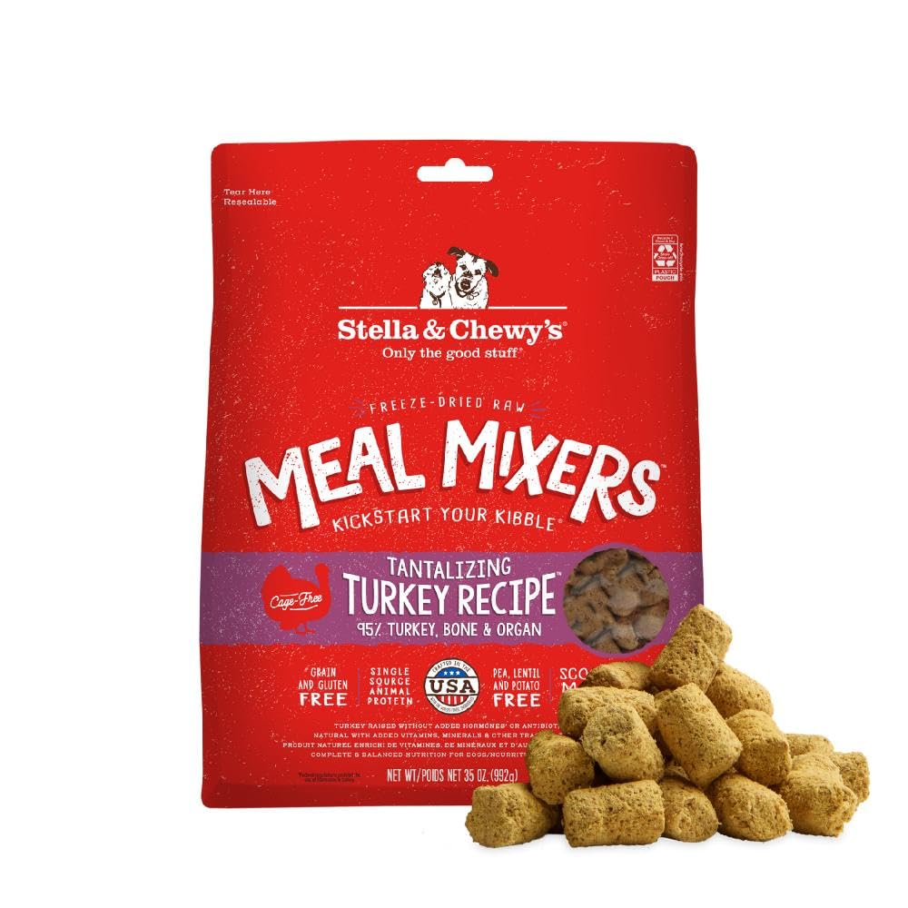 Stella & Chewy's freeze-dried turkey meal mixers packaging ideal for picky eaters.
