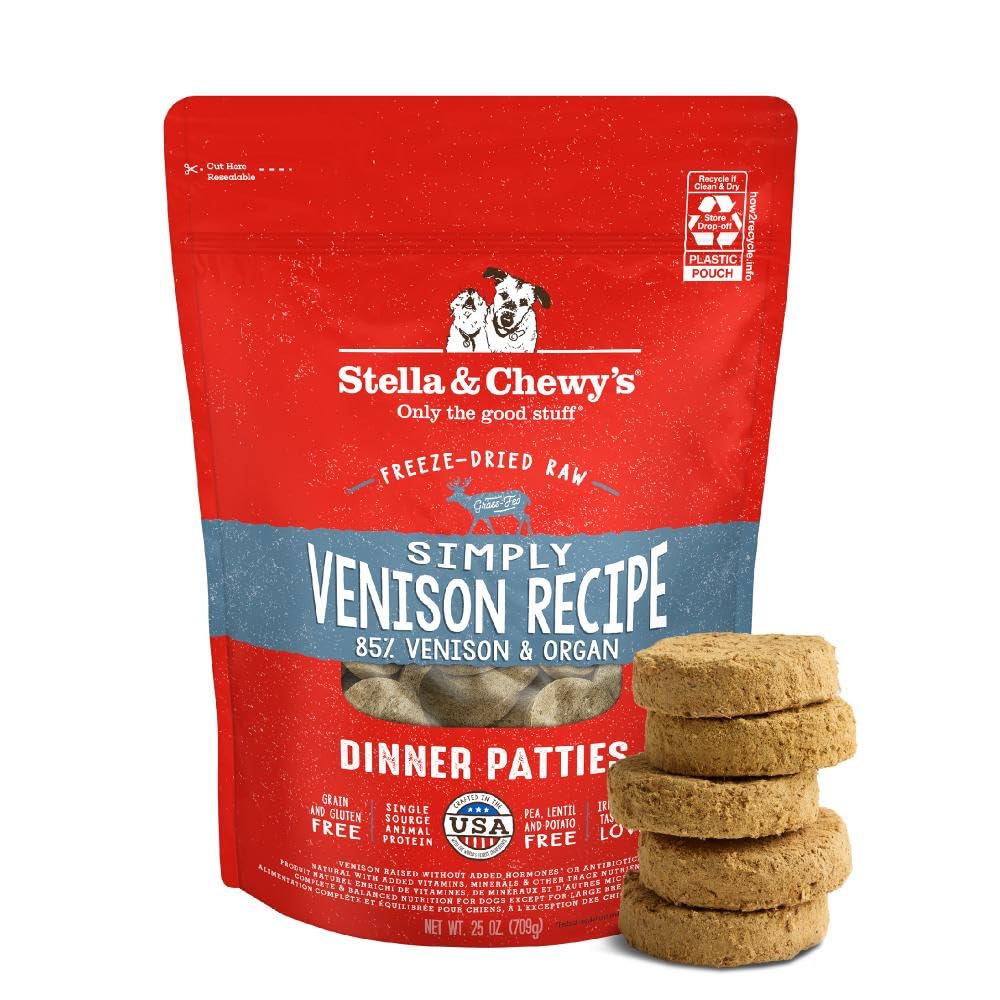 Stella & Chewy's venison patties pack showcasing premium, small-batch USA-made nutrition