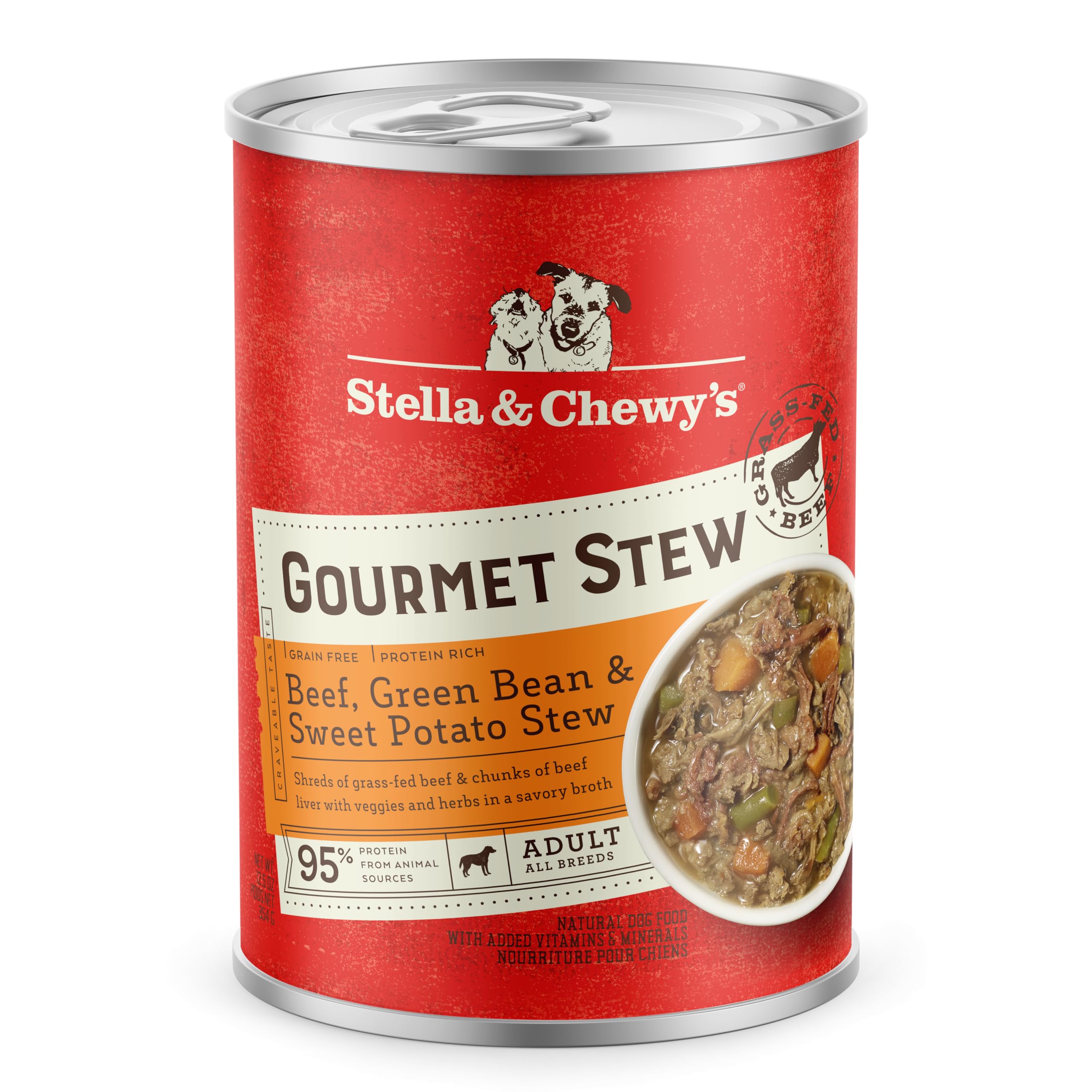 Stella & Chewy's Gourmet Stew beef with green beans and sweet potatoes—protein-rich, grain-free meal for dogs.