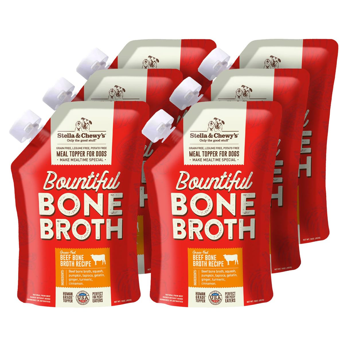 Stella & Chewy's grass-fed beef bone broth pour enhances meals with hydration and flavor.