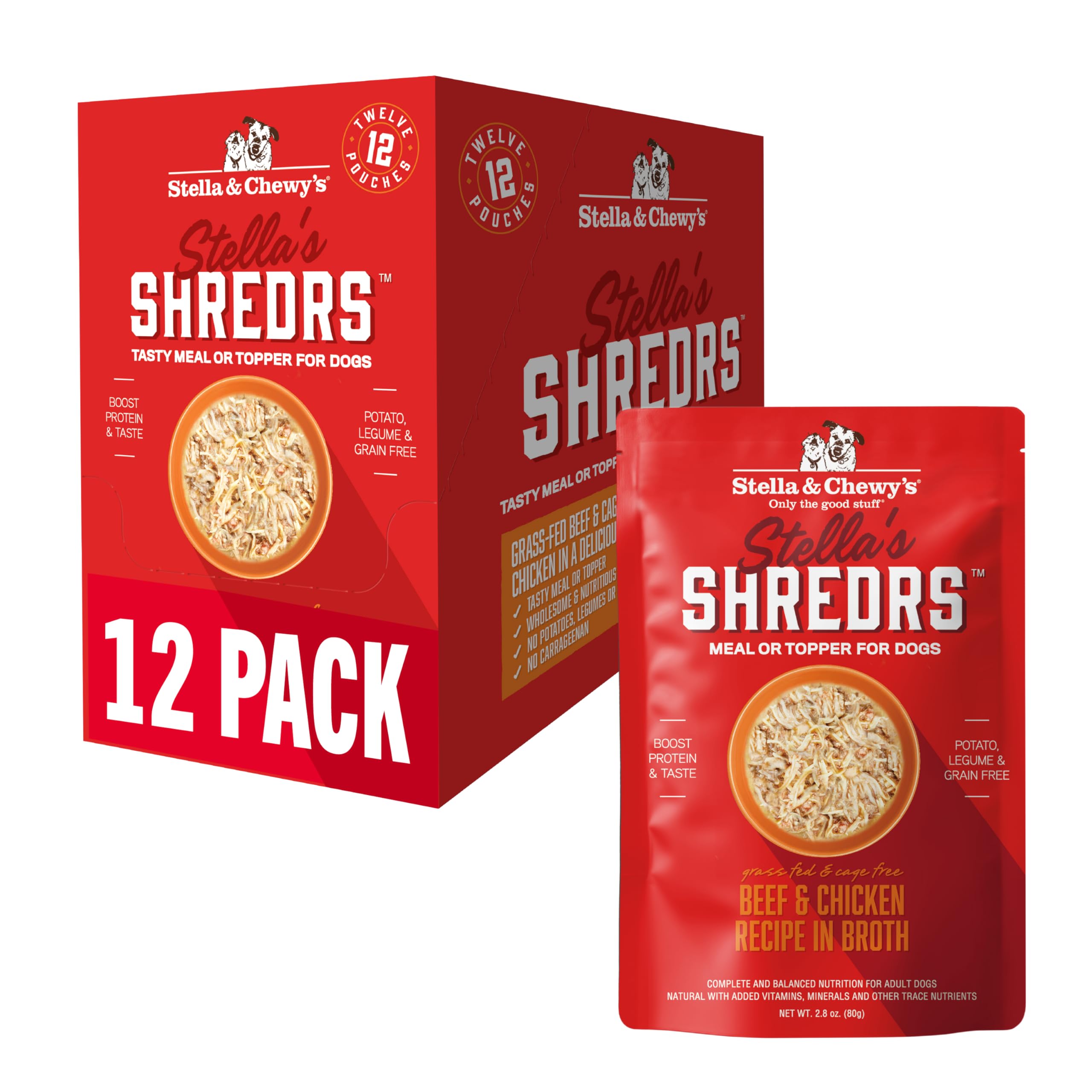 Stella & Chewy's Shredrs pouch showing grass-fed beef and cage-free chicken.