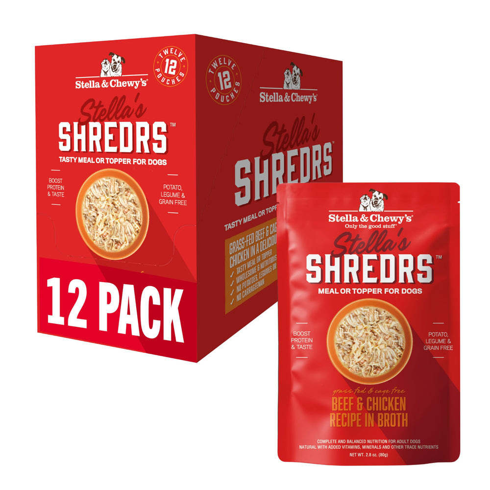 Stella & Chewy's Shredrs pouch showing grass-fed beef and cage-free chicken.