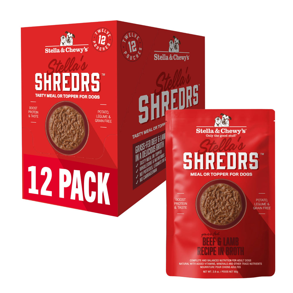 Stella & Chewy's Shredrs pouch close-up showing shredded meat texture for enticing meals