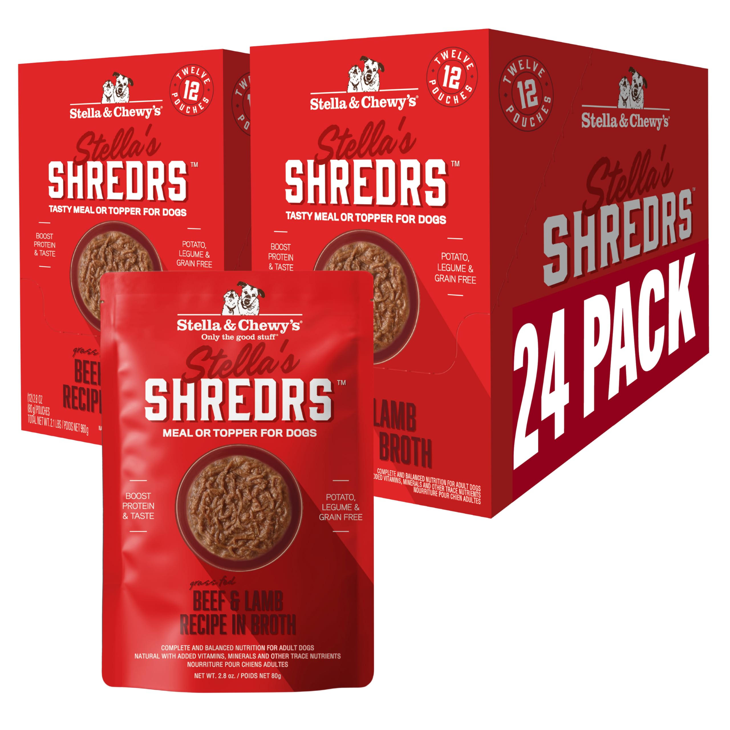 Stella & Chewy's Shredrs front pouch view highlighting grass-fed beef and lamb.