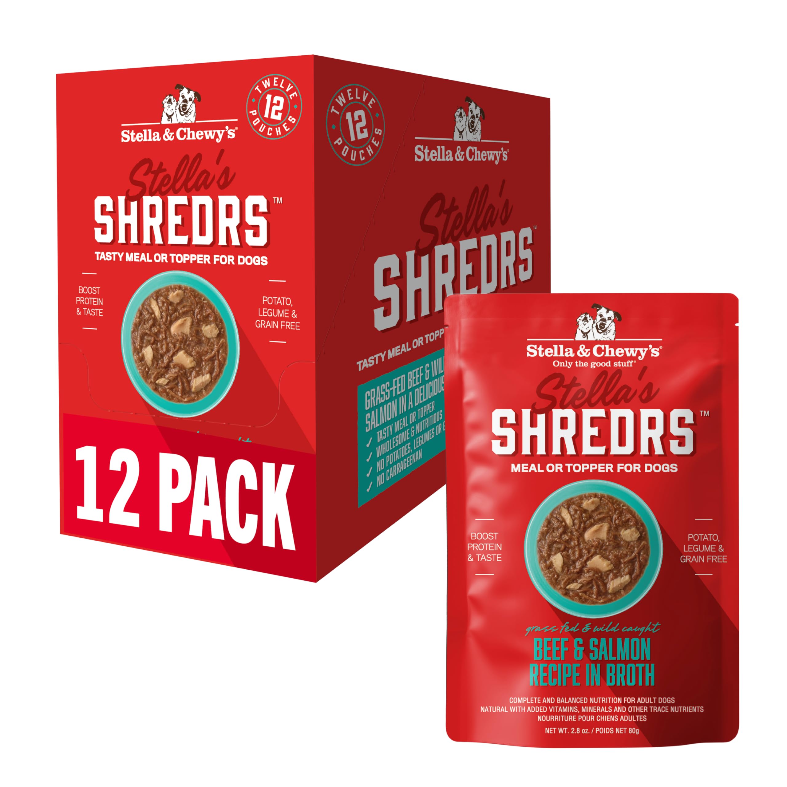Stella & Chewy's Shredrs pouch close-up showing grass-fed beef and salmon texture, appealing to picky eaters.