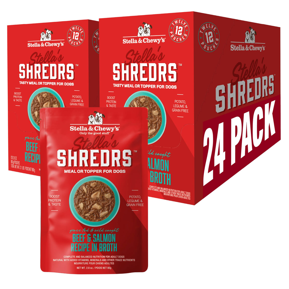 Stella & Chewy's Shredrs pouch showing grass-fed beef and salmon for a complete meal