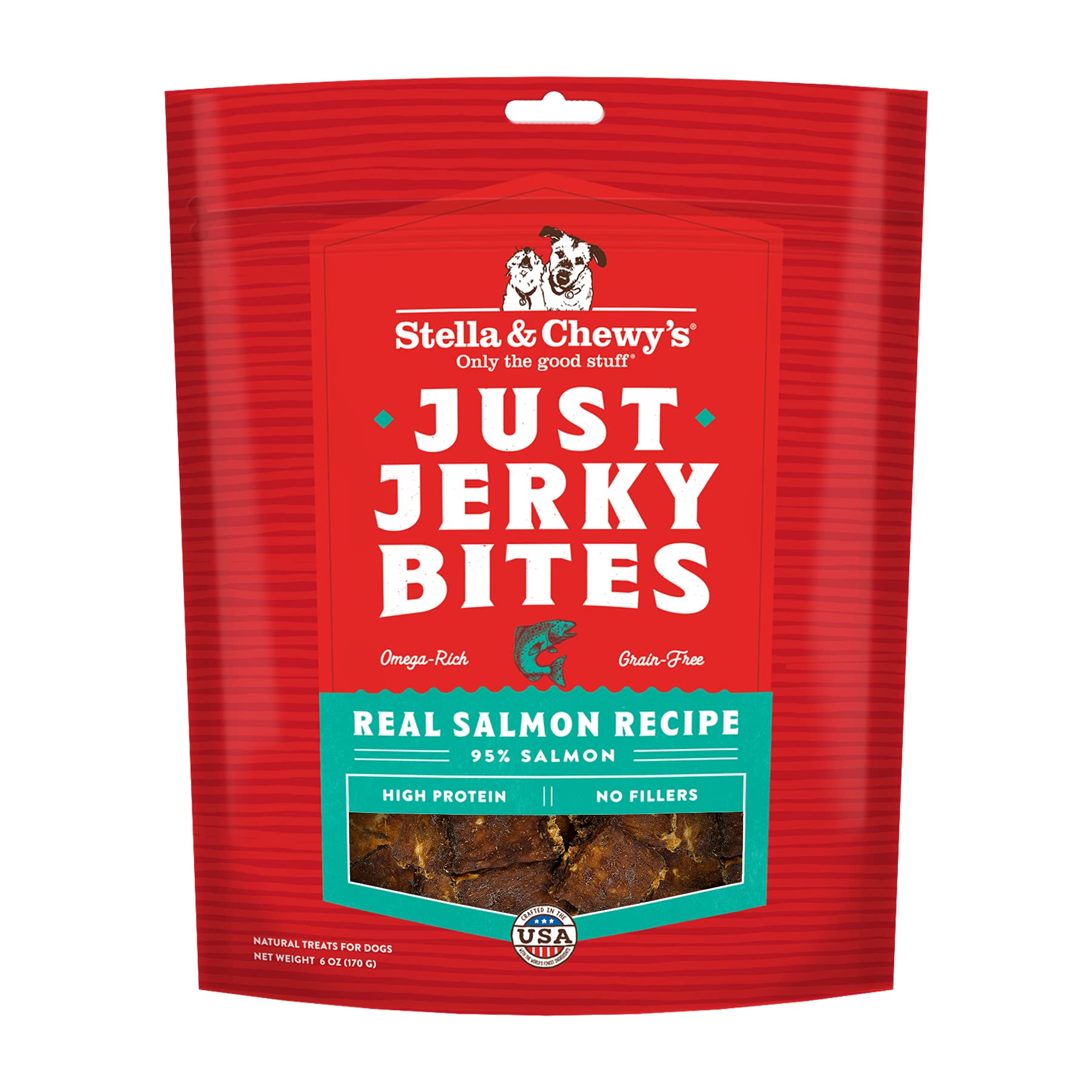 Stella & Chewy's salmon jerky bag close-up showing premium protein.