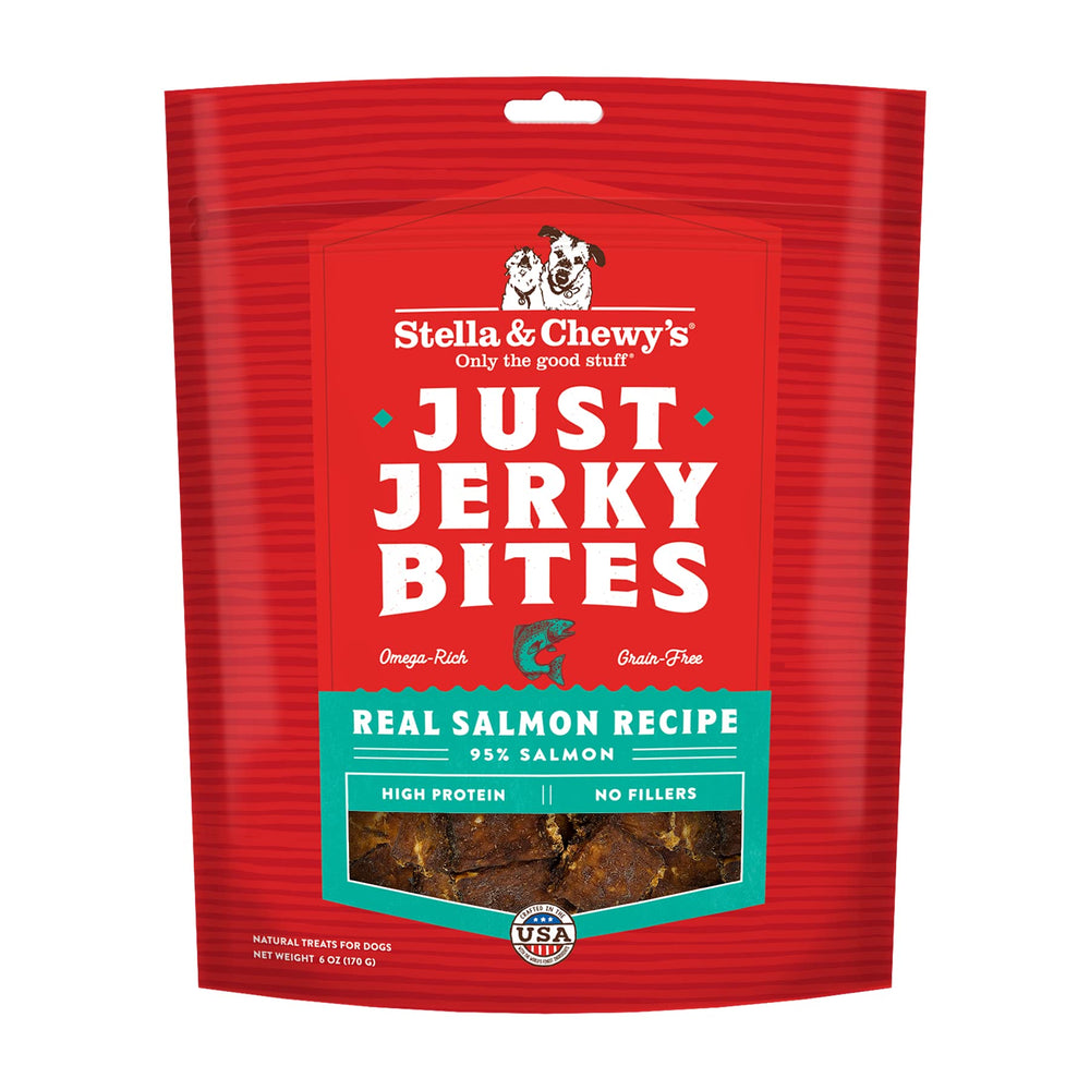 Stella & Chewy's salmon jerky bag close-up showing premium protein.