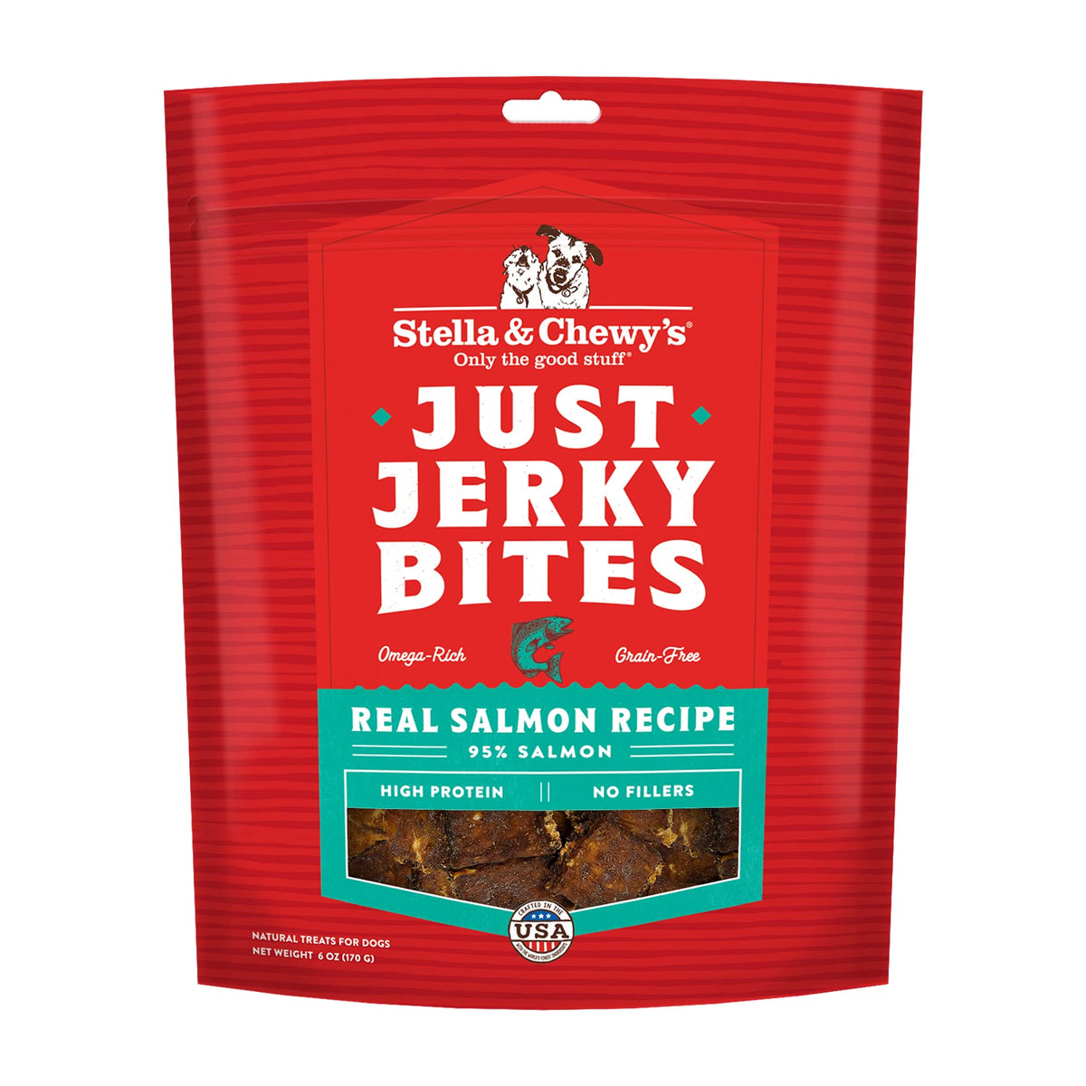 Stella & Chewy's salmon jerky bag close-up showing premium protein.