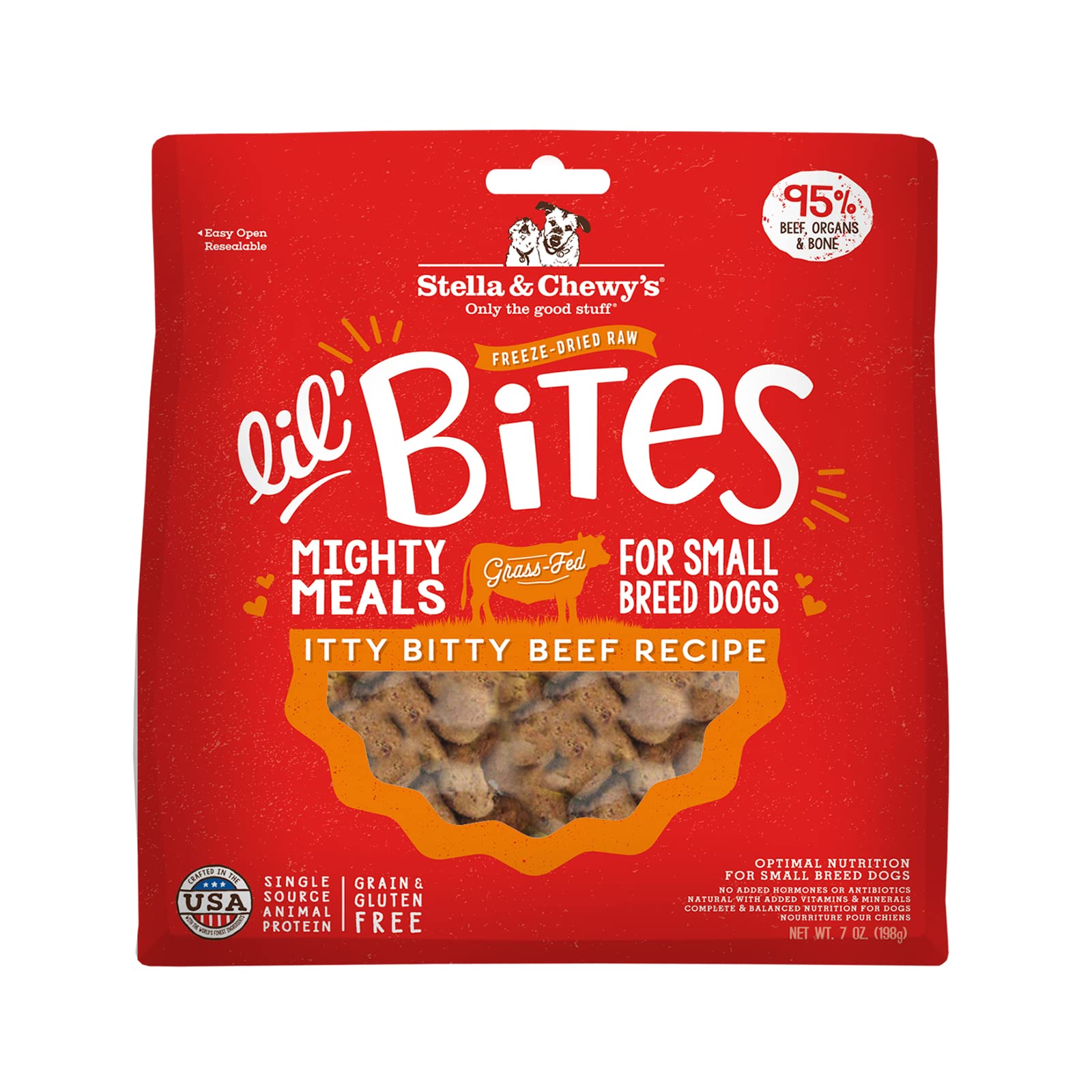 Stella & Chewy's Lil' Bites beef morsels for small breeds, high palatability.