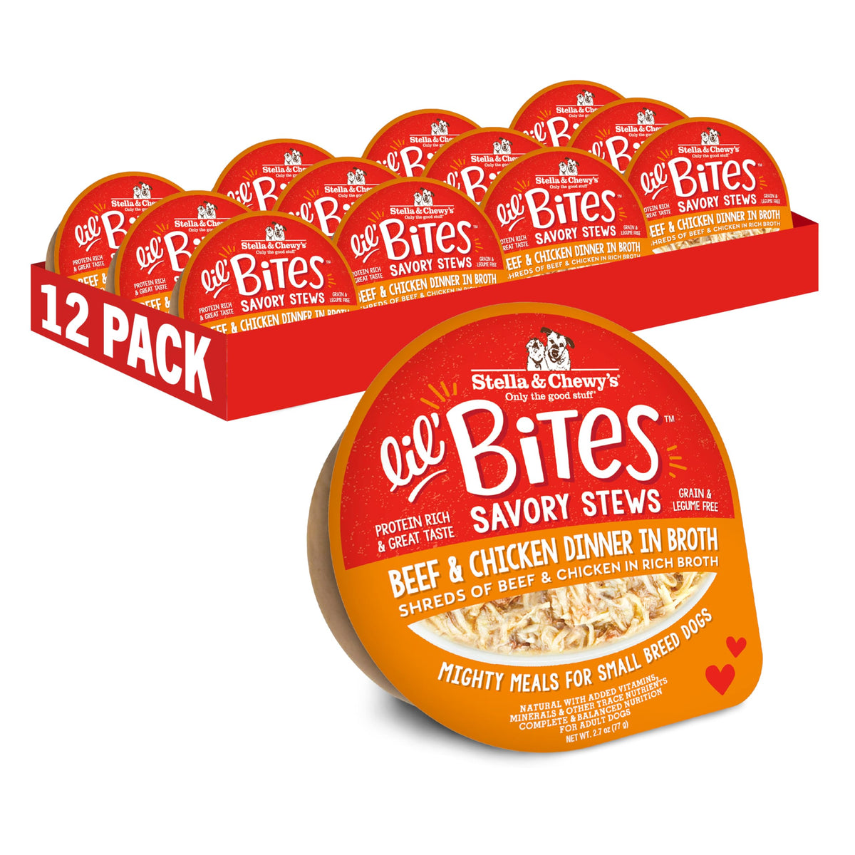 Stella & Chewy's Lil Bites Savory Stews beef-chicken cups for small breeds provide protein-rich nourishment.