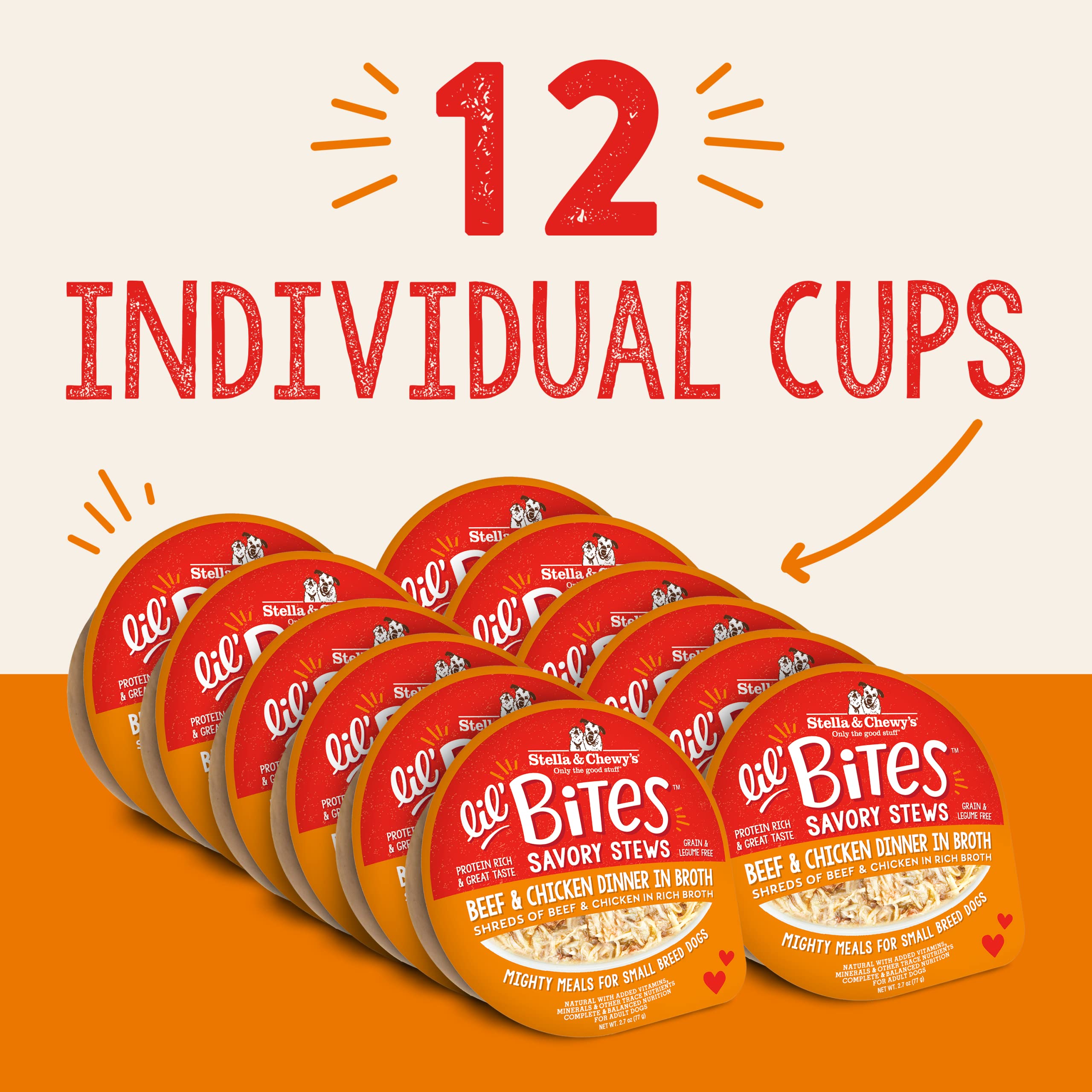 Lil Bites Savory Stews cups close-up shows shredded meat for small-dog appeal.