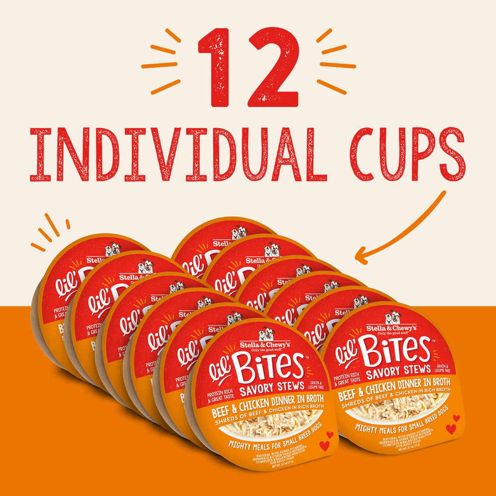 Lil Bites Savory Stews cups close-up shows shredded meat for small-dog appeal.