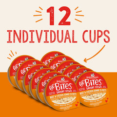 Lil Bites Savory Stews cups close-up shows shredded meat for small-dog appeal.