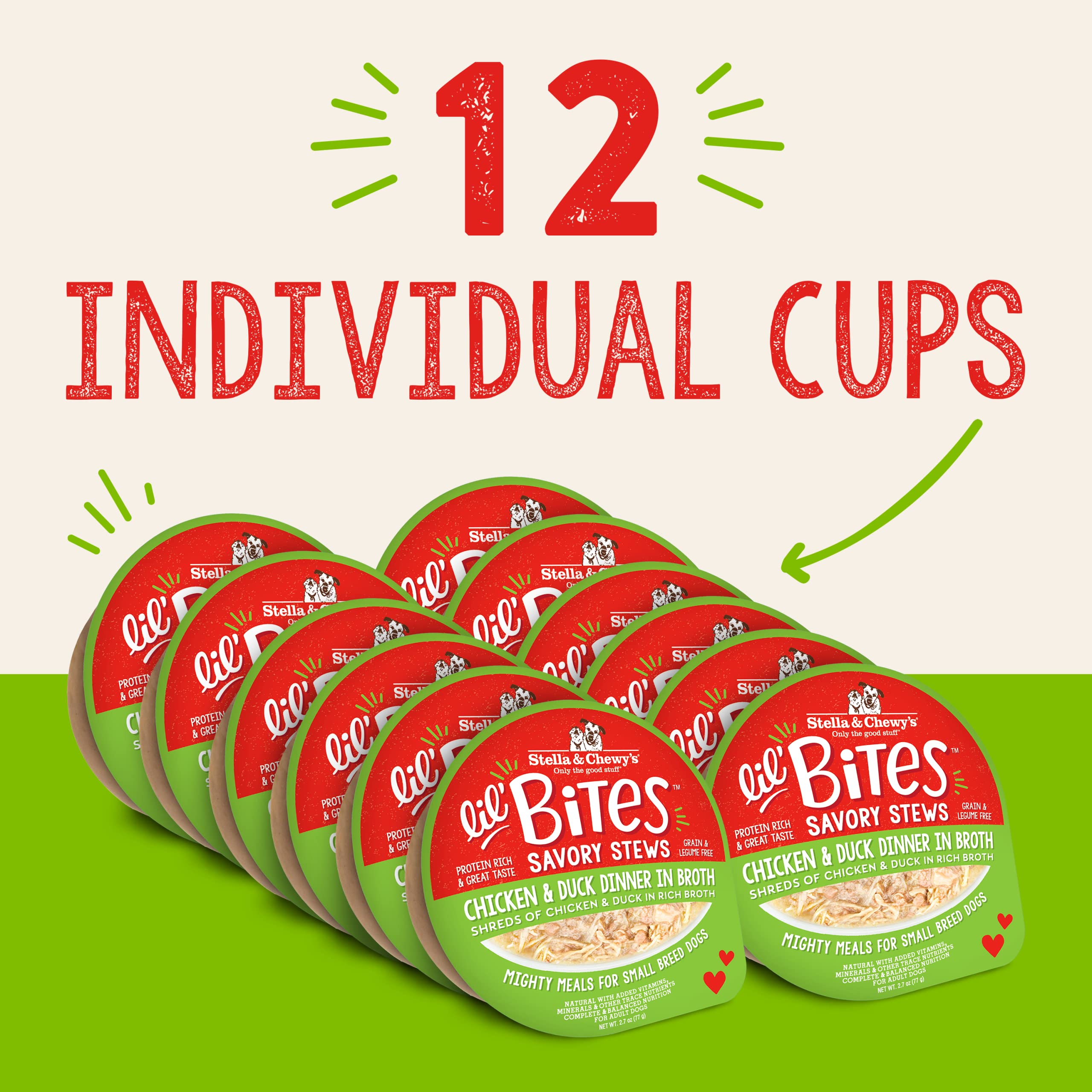 Lil’ Bites cup with shredded chicken and duck imagery, served in tasty broth.