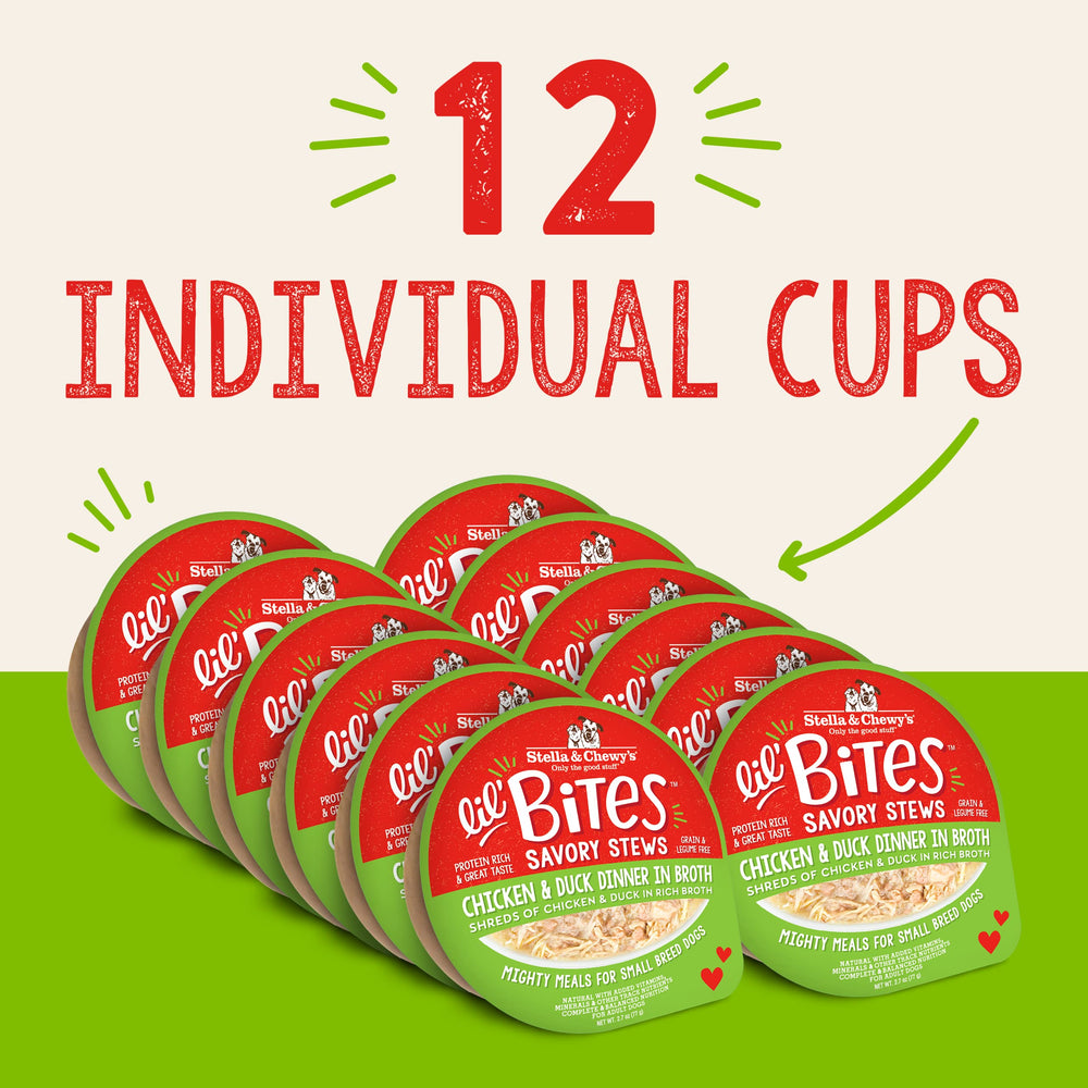 Lil’ Bites cup with shredded chicken and duck imagery, served in tasty broth.